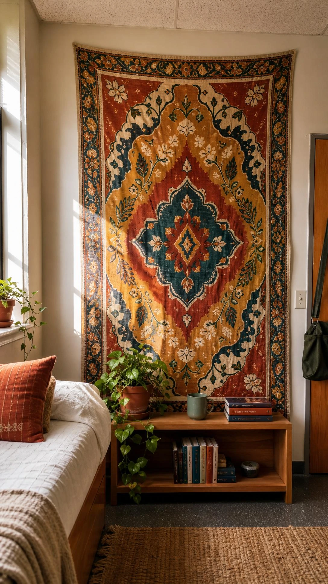 Boho peel-and-stick fabric tapestry in rust, mustard, and teal geometric print hung flush on a white dorm room wall, transforming a blank corner instantly