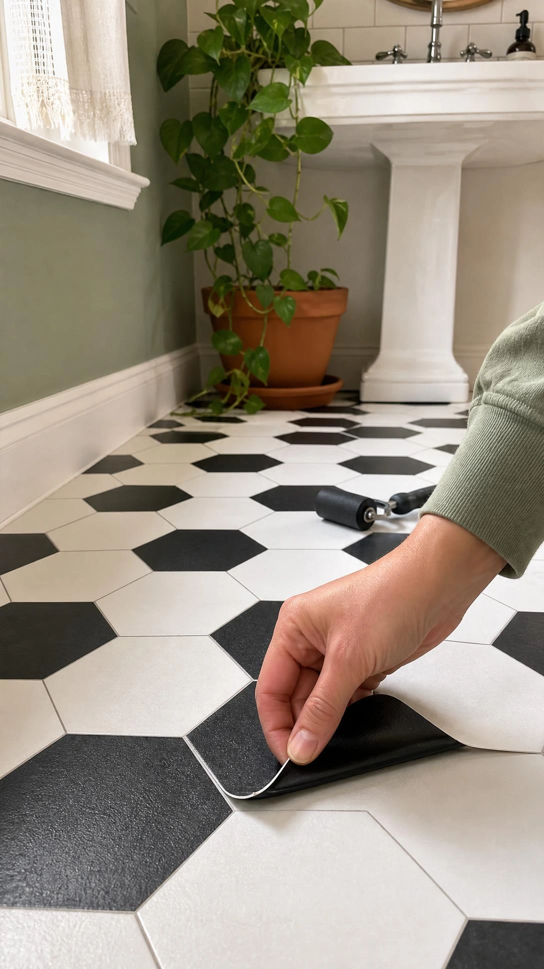 Close-up of black and white hexagon peel and stick floor tiles meeting at a crisp grout line in a small bathroom, vinyl texture catching soft natural light