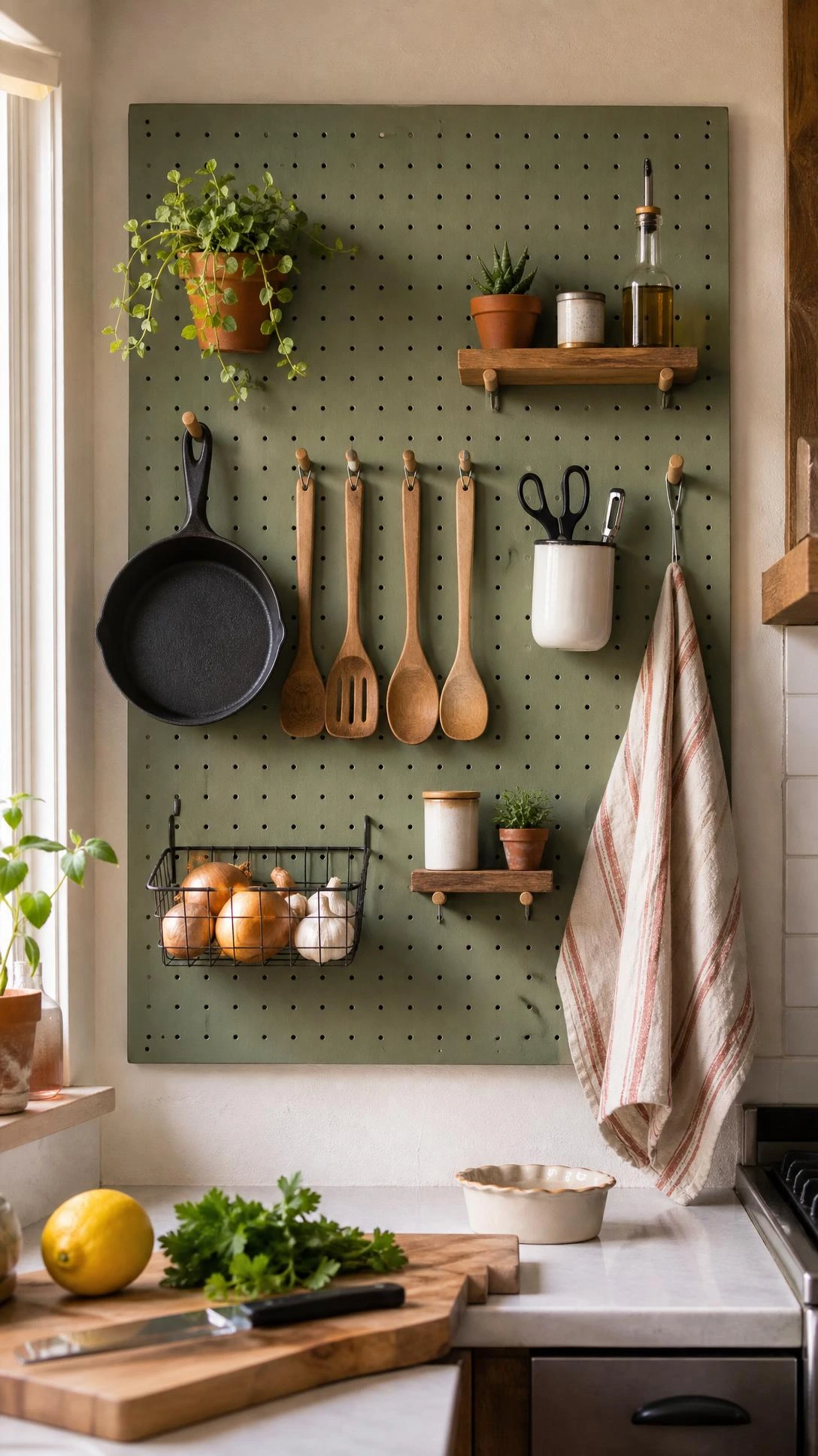 Sage green pegboard wall organizer in a real kitchen holding pots, utensils, and tools — a smart DIY kitchen storage solution
