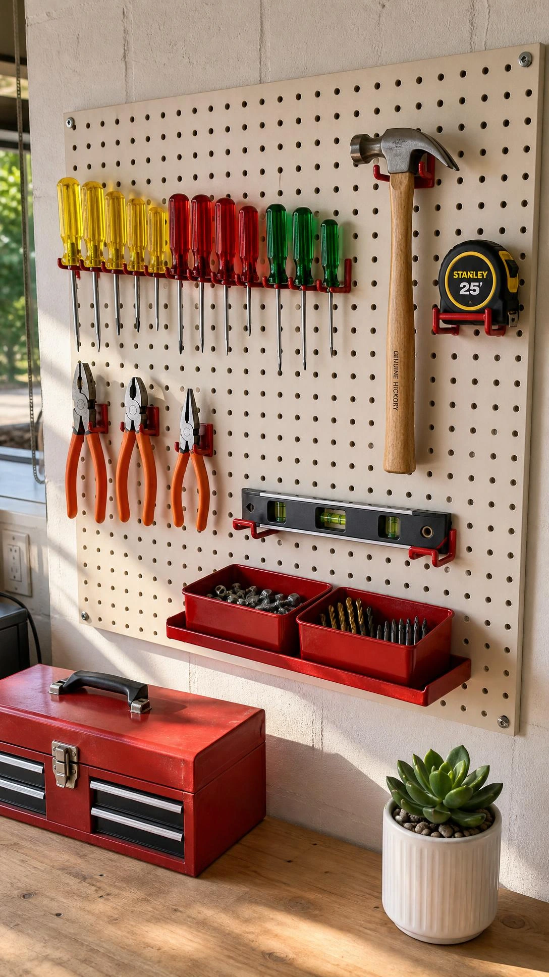 Cream pegboard mounted on white garage wall with red metal hooks holding tools in neat organized rows — an easy DIY weekend upgrade