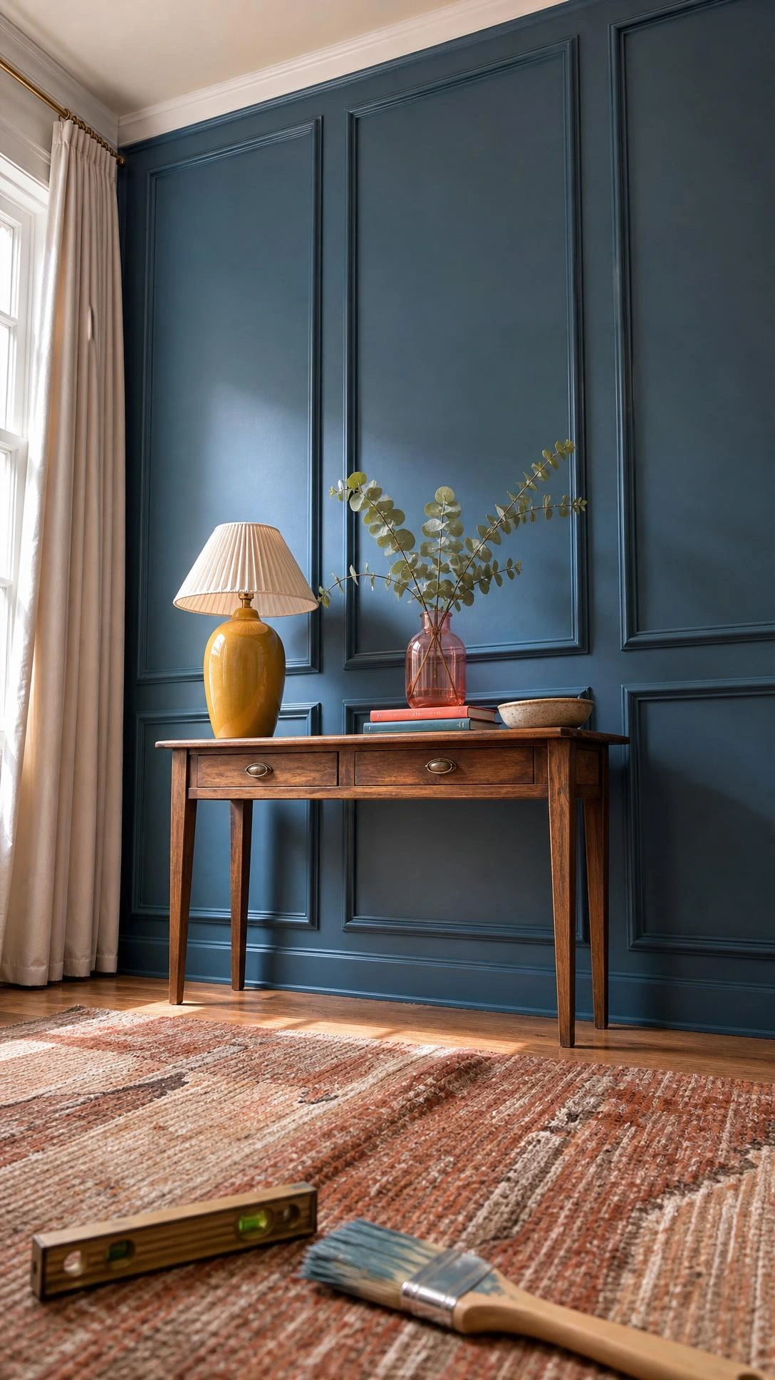 Low-angle view of a rich teal-blue picture frame molding accent wall with tall satin panels for budget DIY home decor