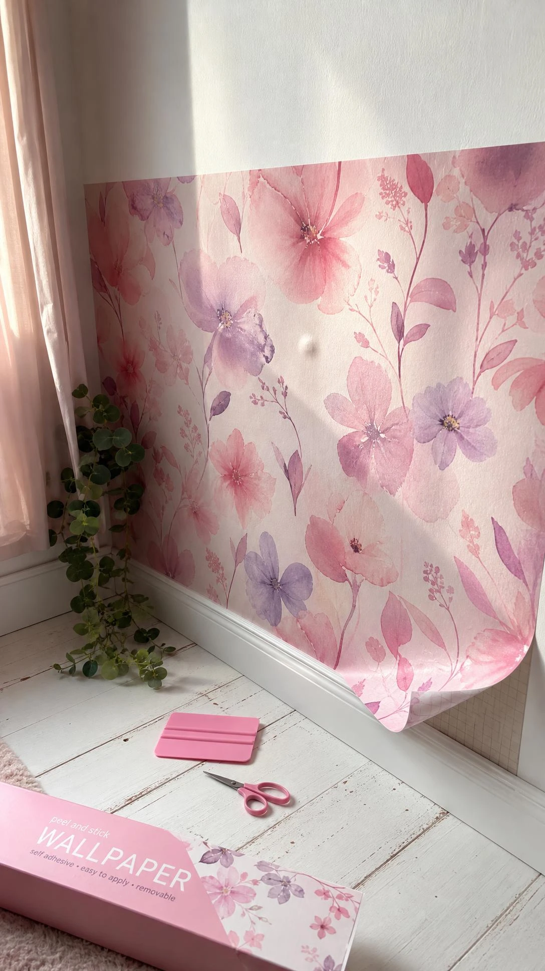 Pink peel-and-stick wallpaper panel with soft watercolor florals in blush and dusty rose transforms a plain white bedroom wall affordably