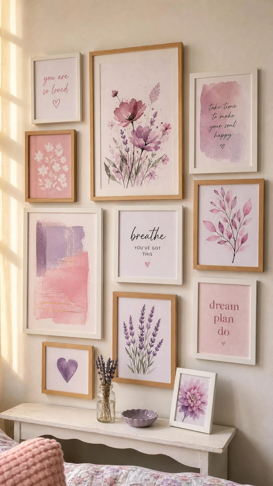 Small girls bedroom gallery wall with DIY printed pink and purple wall art in white and wood frames, featuring watercolor botanicals and abstract brushstrokes on a soft white wall