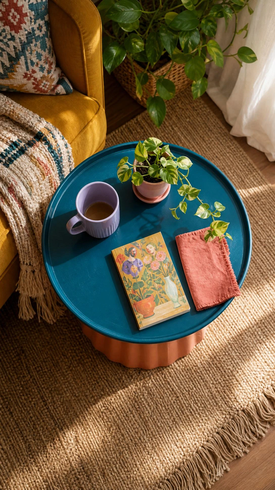 Overhead view of a glossy teal pizza pan tabletop on a terracotta planter base, a DIY home decor on a budget hack.