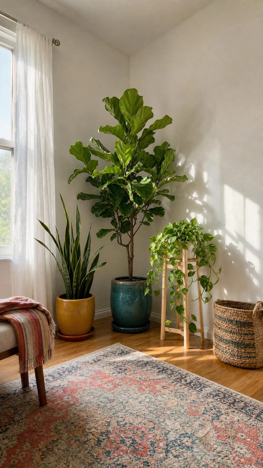 Budget living room corner with plants for empty corners: fiddle leaf fig, snake plant, and trailing pothos in colorful pots