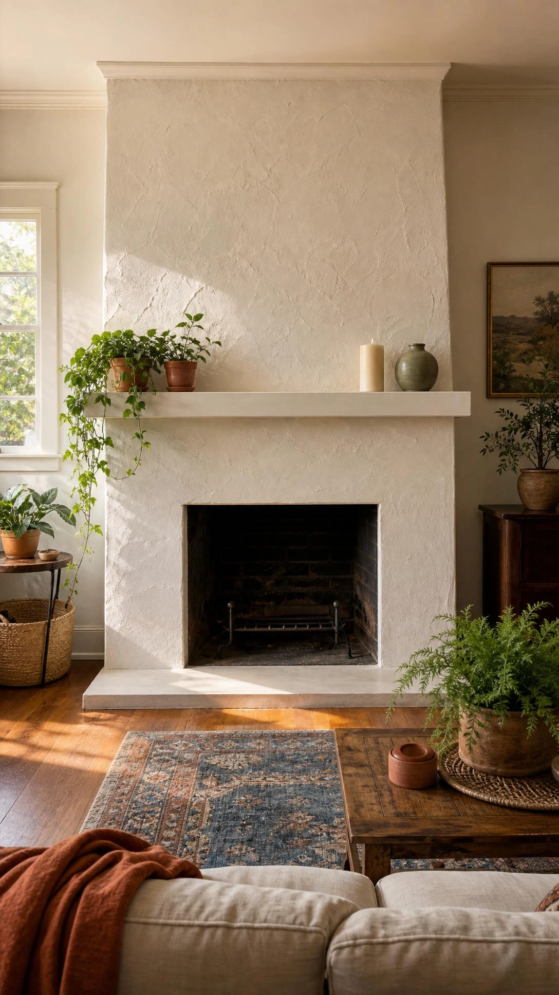 Living room fireplace wall transformed with smooth white plaster finish covering old brick, creating a clean modern focal point from floor to ceiling