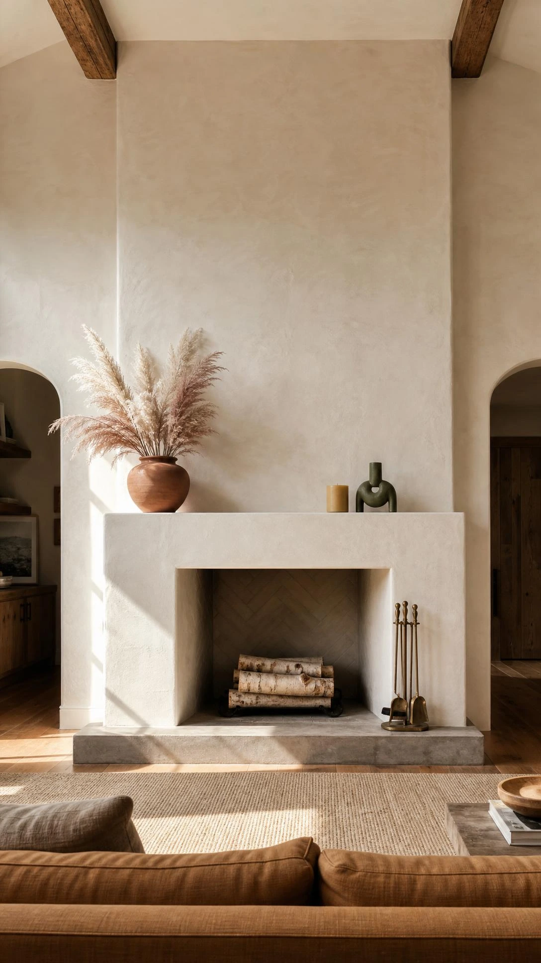 Warm white plaster surround fireplace with hand-applied matte texture catching soft afternoon light in an elegant modern living room