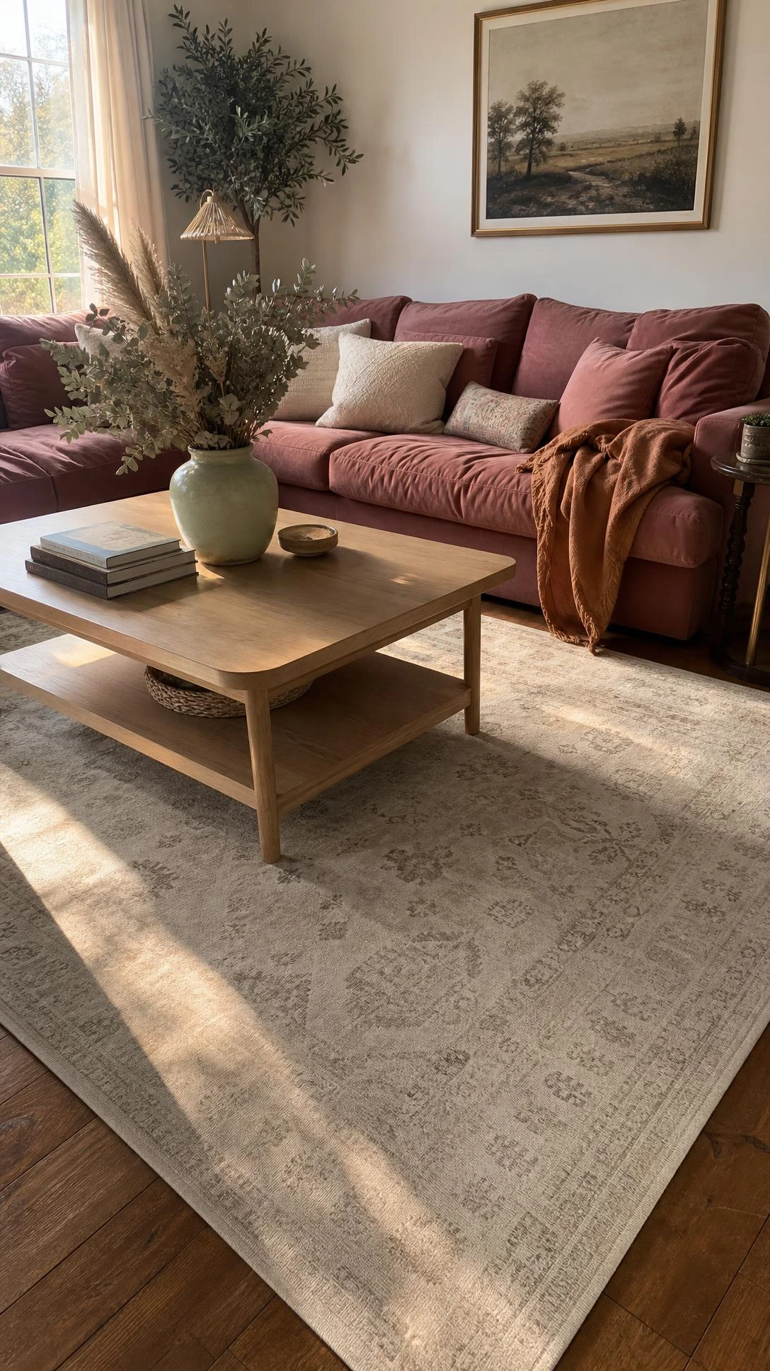 Living room with neutral geometric area rug under a light oak coffee table, showing how playing it safe with pattern kills visual interest