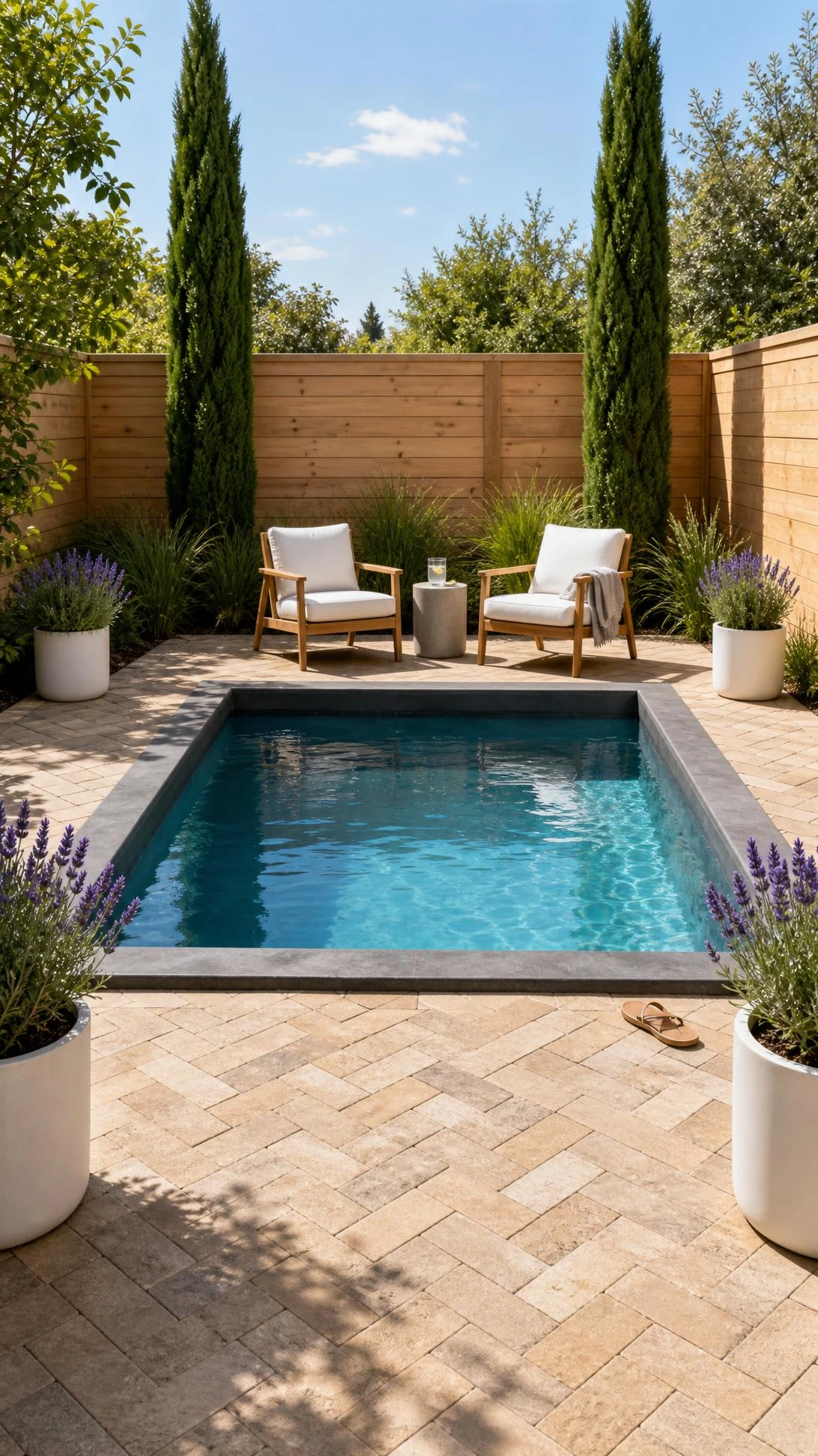 Compact plunge pool with charcoal concrete walls centered on a herringbone paver patio — a smart backyard patio design with pool for small spaces