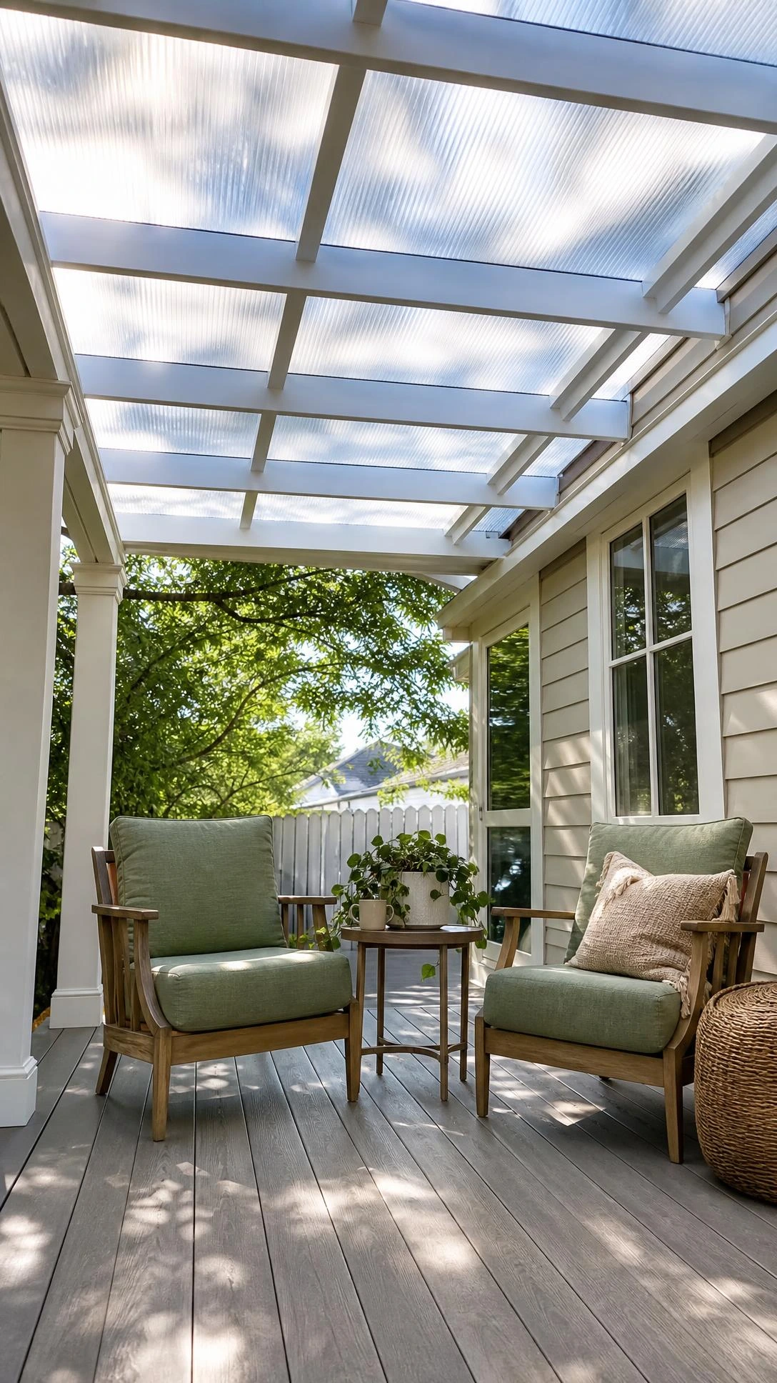 Residential porch with a full-width polycarbonate panel roof glowing in diffused sunlight, casting rippled blue-white and amber light patterns on the floor below