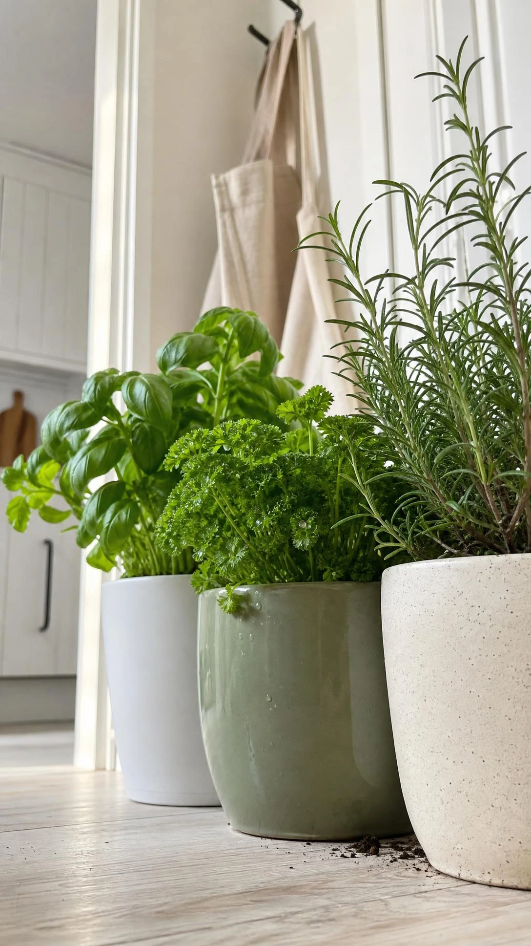 Three ceramic pots with fresh basil, parsley, and rosemary sit beside a bright kitchen entryway, making a kitchen entrance feel alive and welcoming