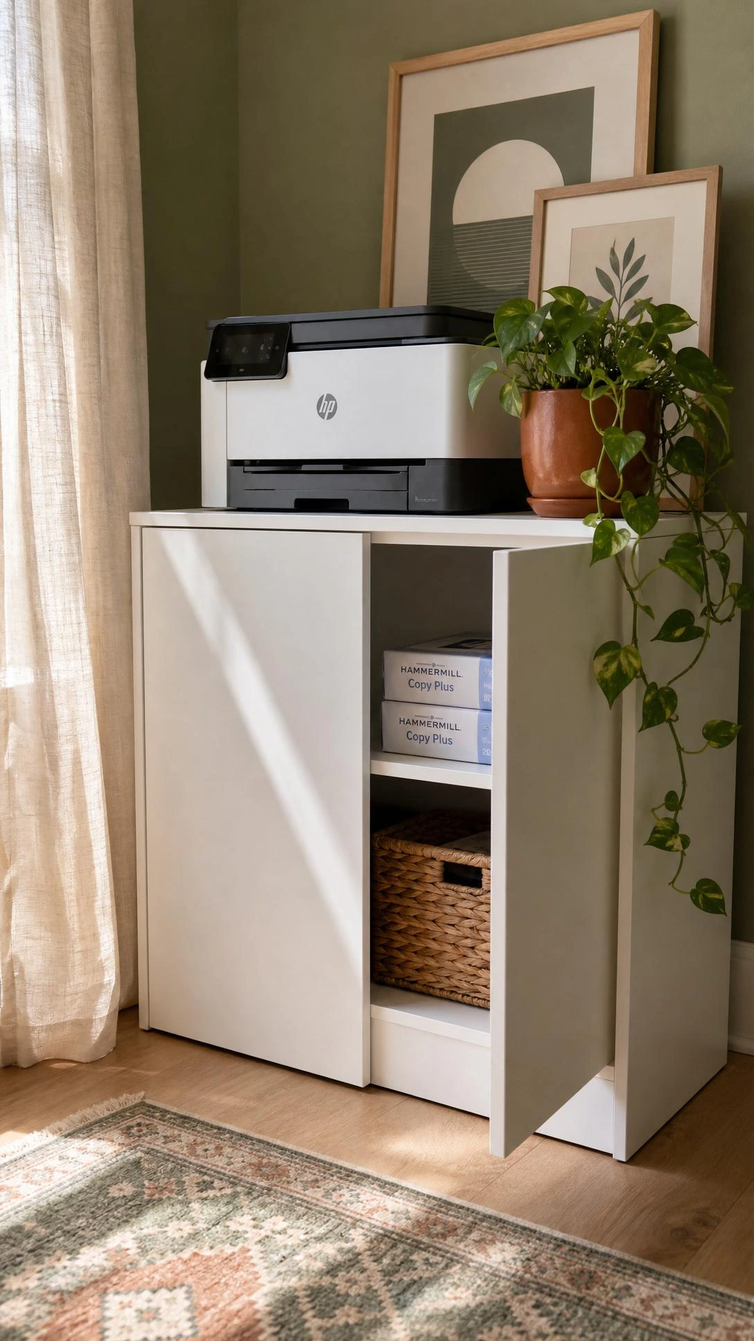 White printer stand with cabinet storage beside a potted pothos on a sage-green wall, keeping home office organization tidy and clutter-free