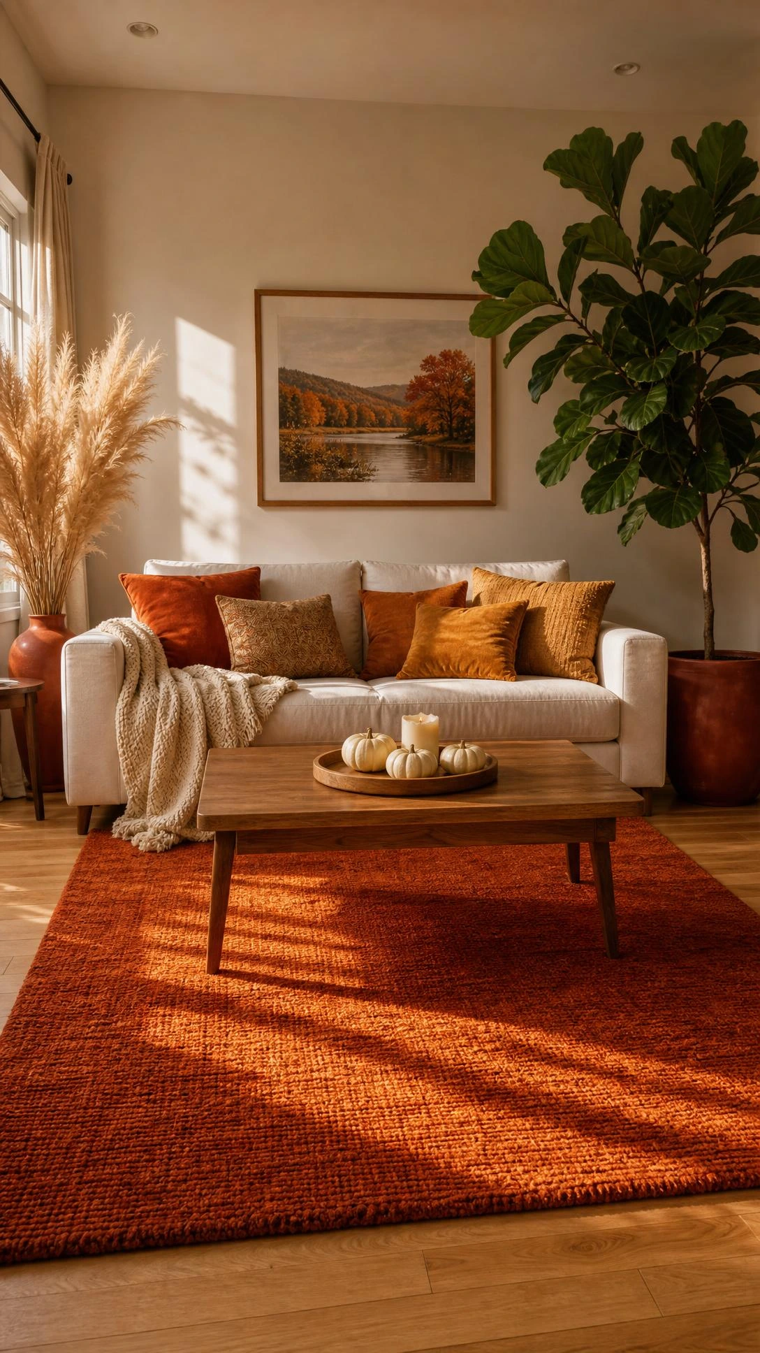 Pumpkin orange accent rug anchoring a cozy fall living room on light oak floors, bringing rich burnt-orange warmth to the seasonal decor