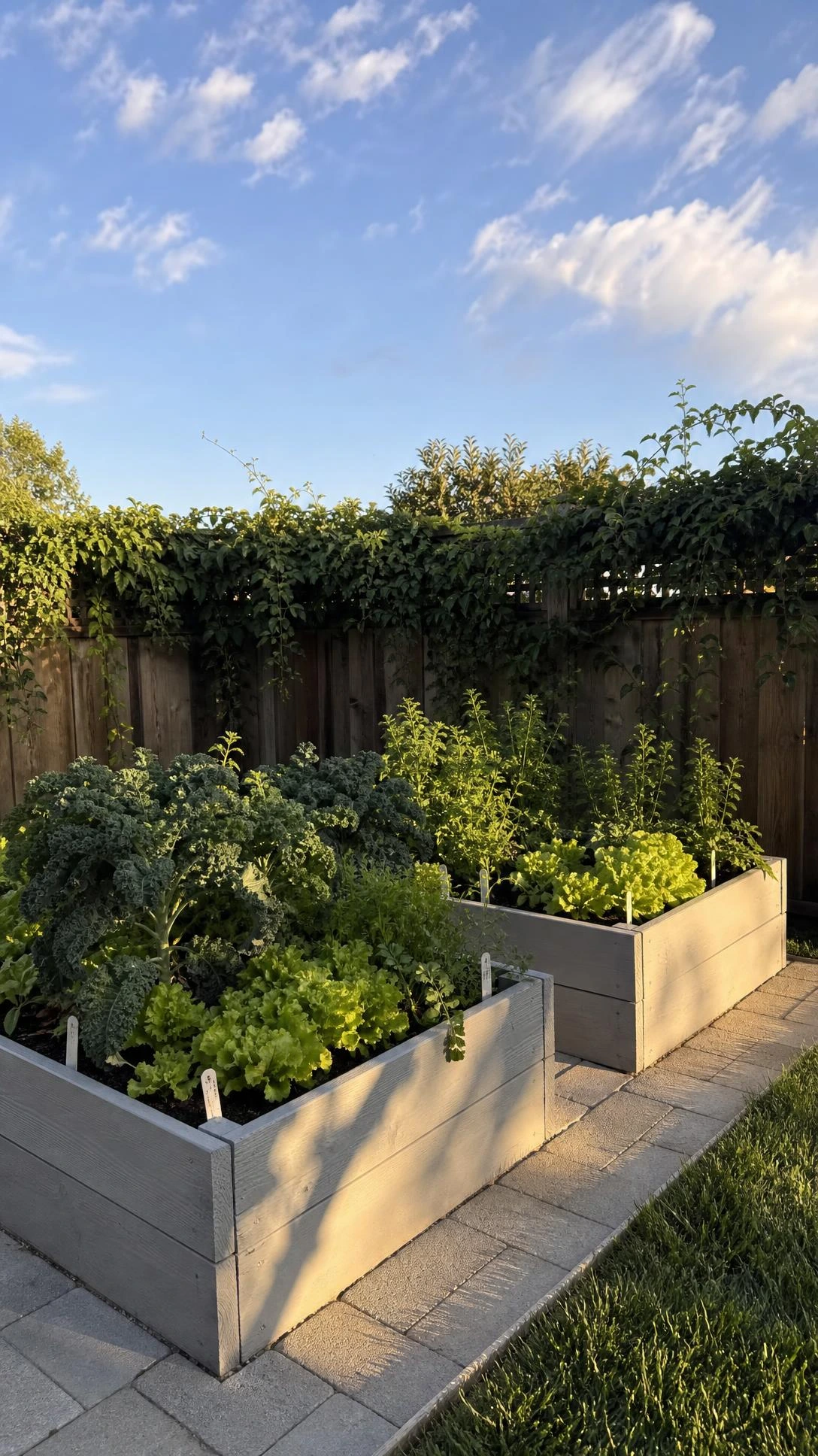 Two light gray wooden raised garden beds on pale concrete pavers in a compact backyard, showing how small spaces can hold a tidy, structured garden layout