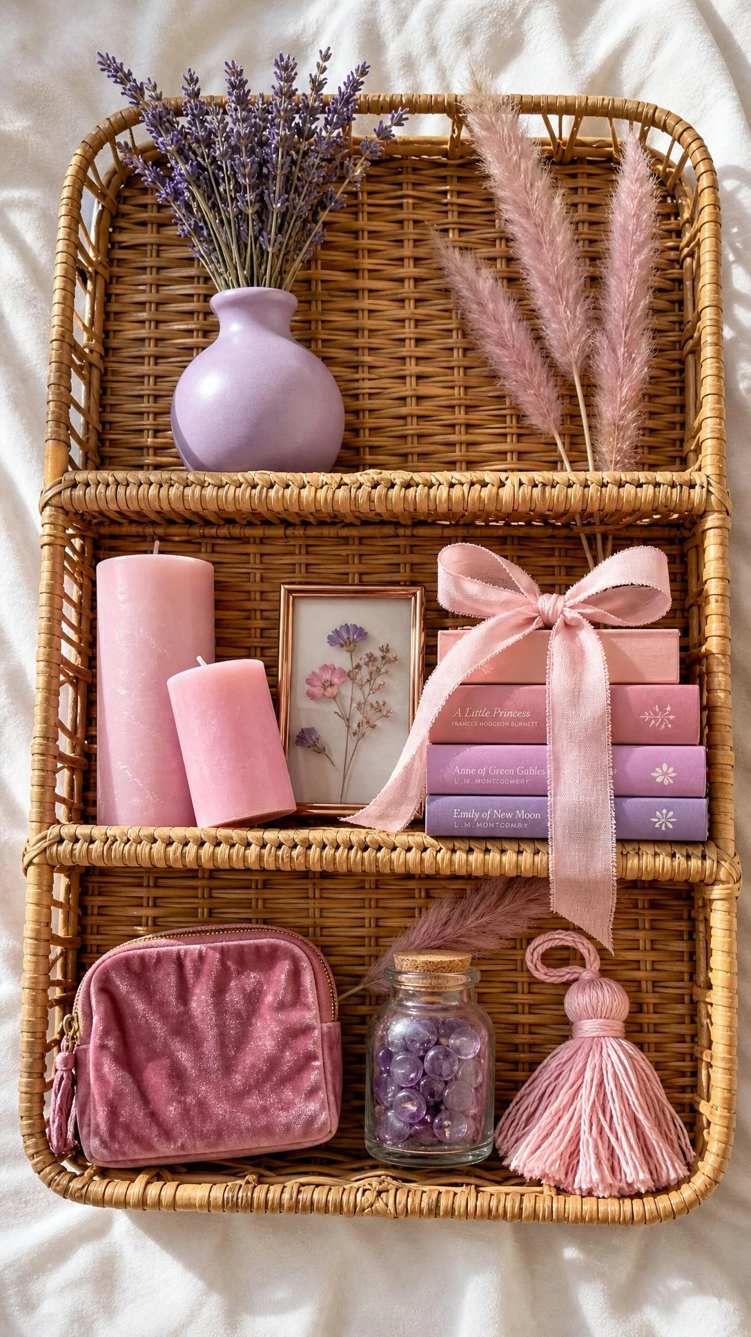 Natural rattan wicker shelf styled with pink and purple decor in a flat lay overhead shot, showing budget-friendly girls room storage