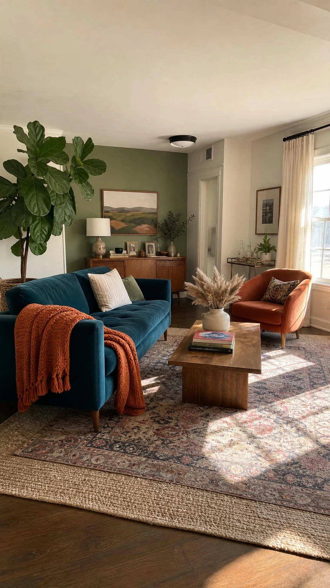 Living room mid-rearrangement showing a deep teal velvet sofa angled toward the room's center and a terracotta accent chair positioned across from it, proving a new furniture layout transforms a space instantly
