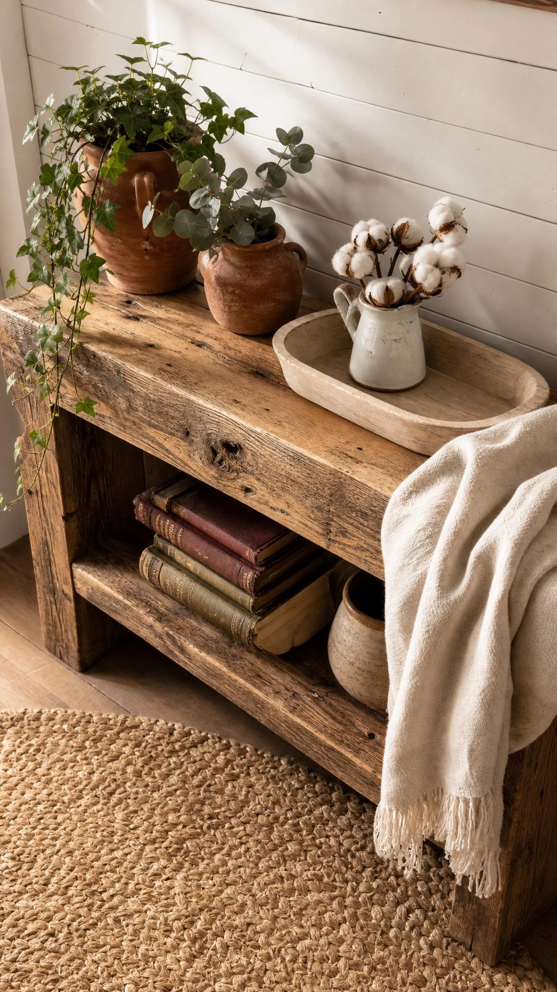 Reclaimed wood console shelf with visible knots and weathered grain, styled with terracotta pots in a cozy farmhouse living room corner