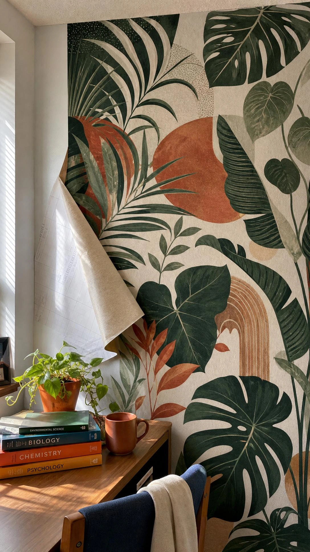 Peel and stick wallpaper with bold botanical print in forest green and terracotta being installed on a dorm room accent wall, floor to ceiling