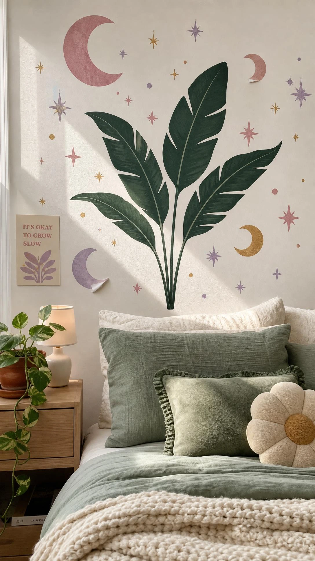 Removable vinyl wall decals in emerald botanical and celestial designs arranged above a sage green dorm bed — easy, renter-friendly wall decor
