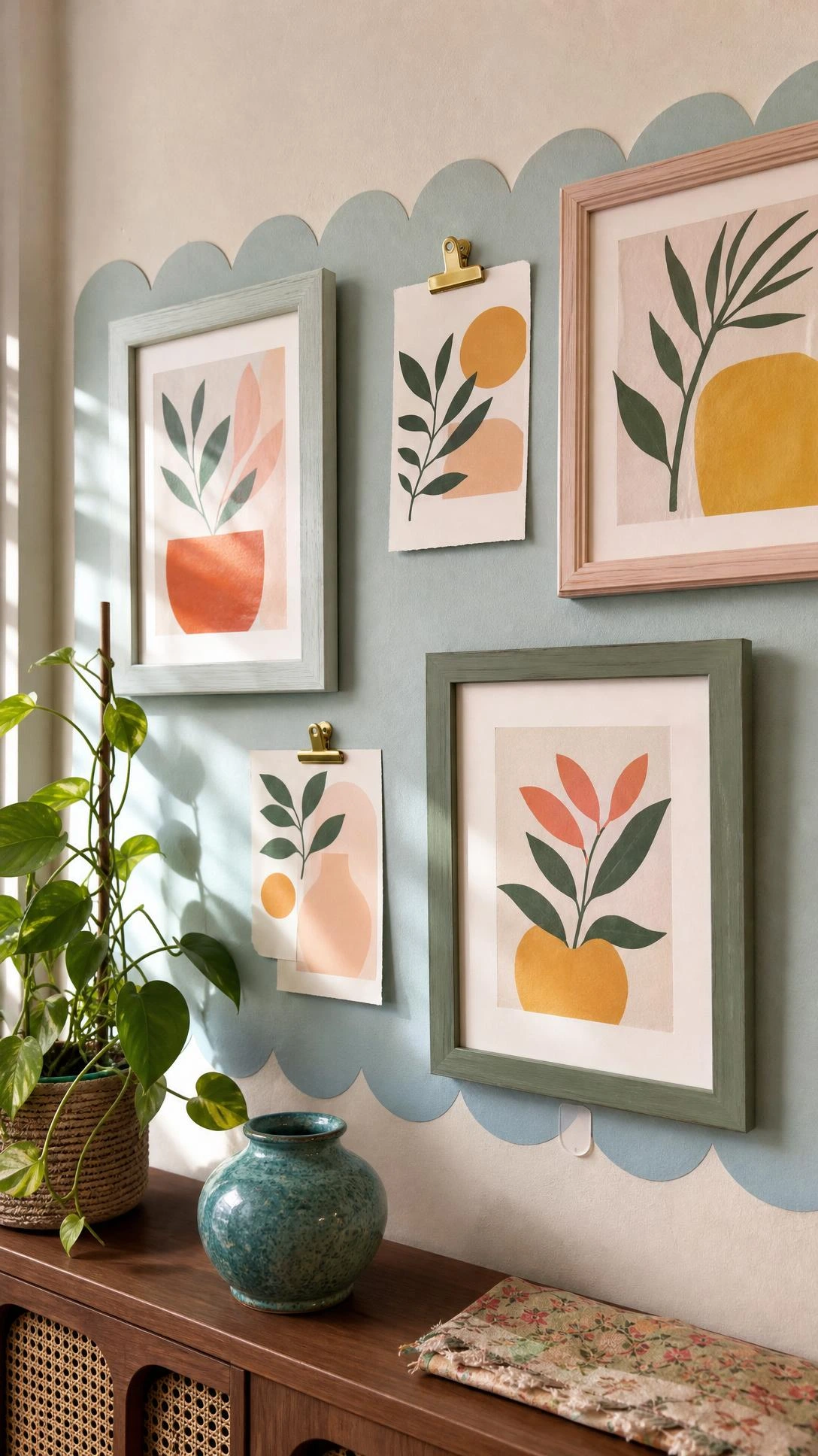 Affordable renter friendly wall decor with thrifted frames on adhesive strips over a mint and sky-blue peel-and-stick scalloped panel