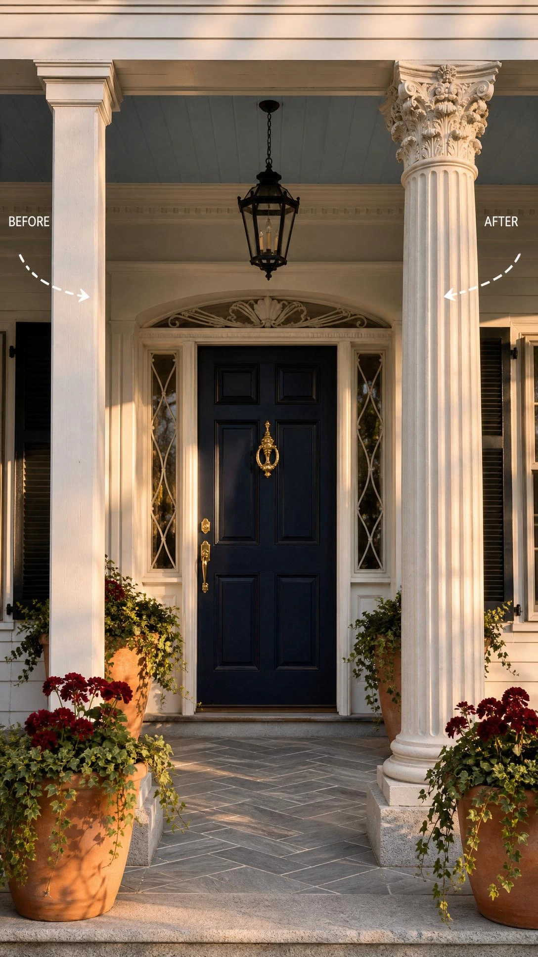 Grand front porch entrance with newly installed round-fluted white Tuscan columns replacing narrow wooden posts, dramatically boosting curb appeal in warm afternoon light