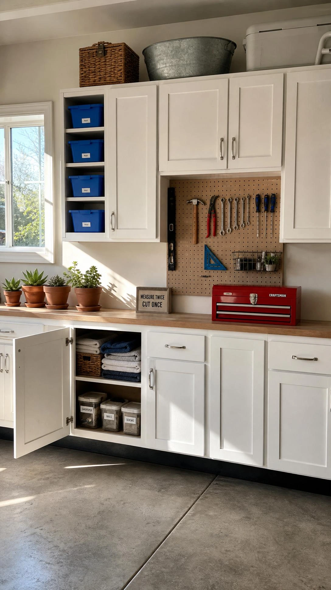 Repurposed kitchen cabinets mounted along a garage wall at eye level, creating clean organized storage with natural light casting soft shadows across the doors