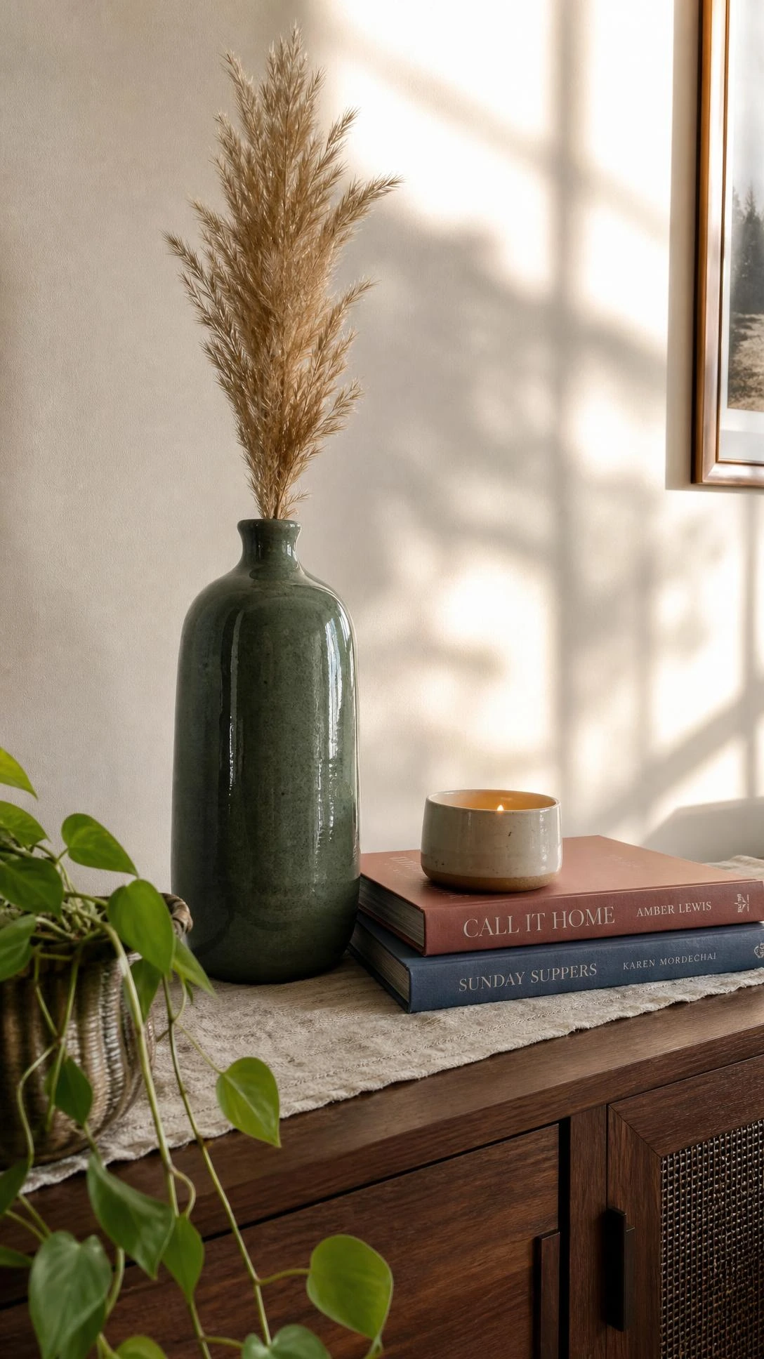 Console table styled with odd number rule: tall sage green ceramic vase with pampas grass, mid-height hardcover book stack, creating visual hierarchy for a fresh living room look