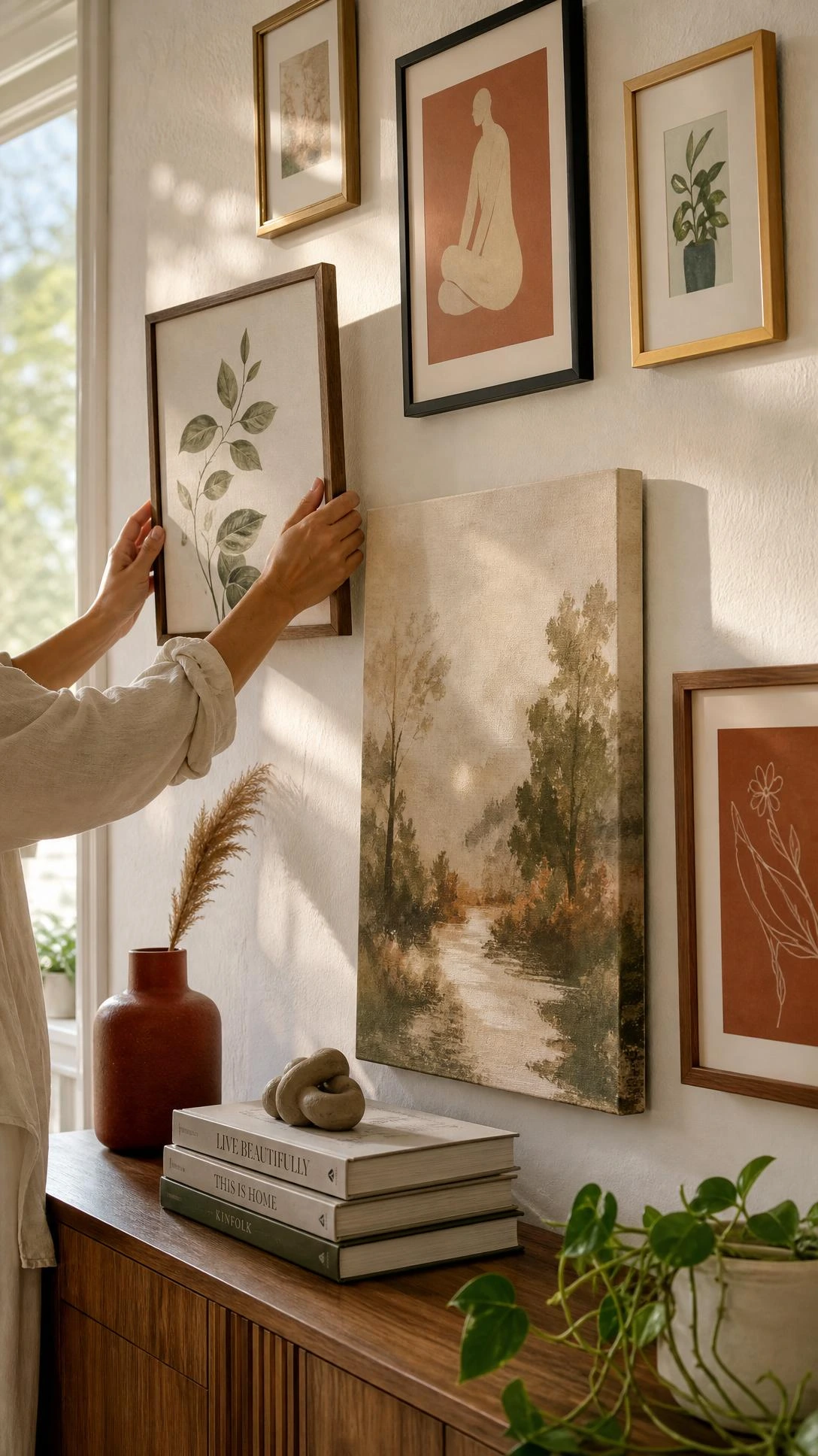 Woman rehanging gallery wall art in a new asymmetric arrangement with terracotta, sage, and ivory framed prints around a large vertical canvas — no new furniture needed for a fresh living room feel