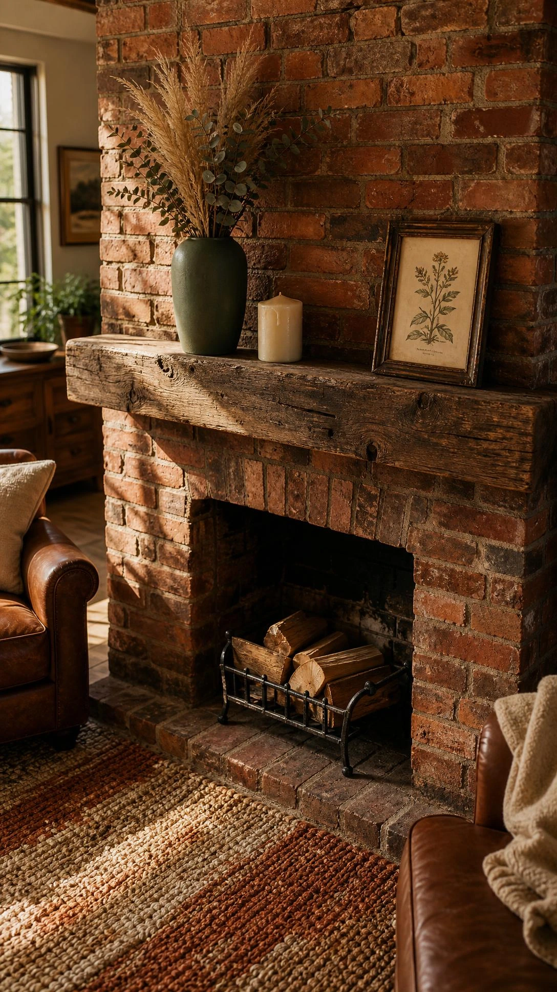 Rustic red brick fireplace with a weathered reclaimed wood mantel in a cozy living room, shot from a slight high angle with warm natural window light