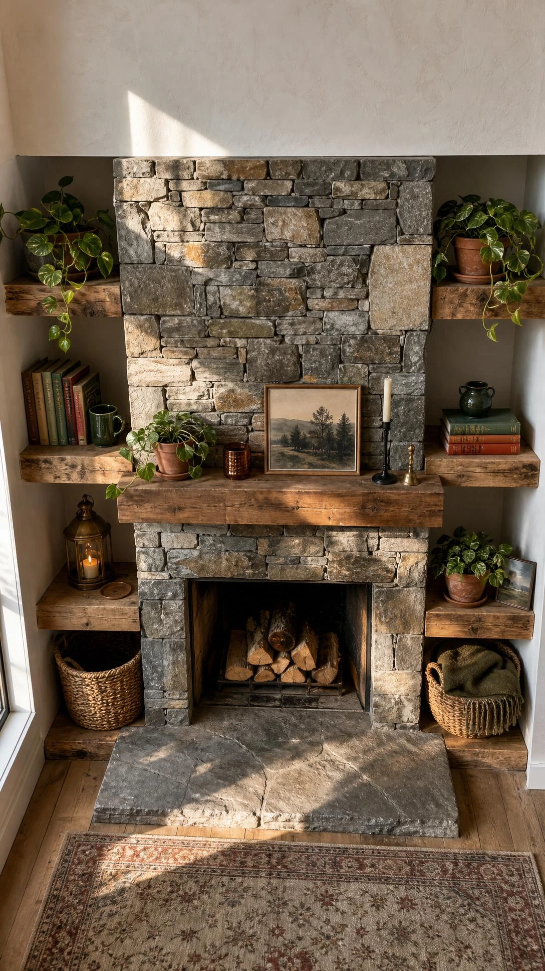 Reclaimed wood floating shelves flanking a stacked stone fireplace, viewed from above — rustic storage framing a dramatic floor-to-ceiling hearth