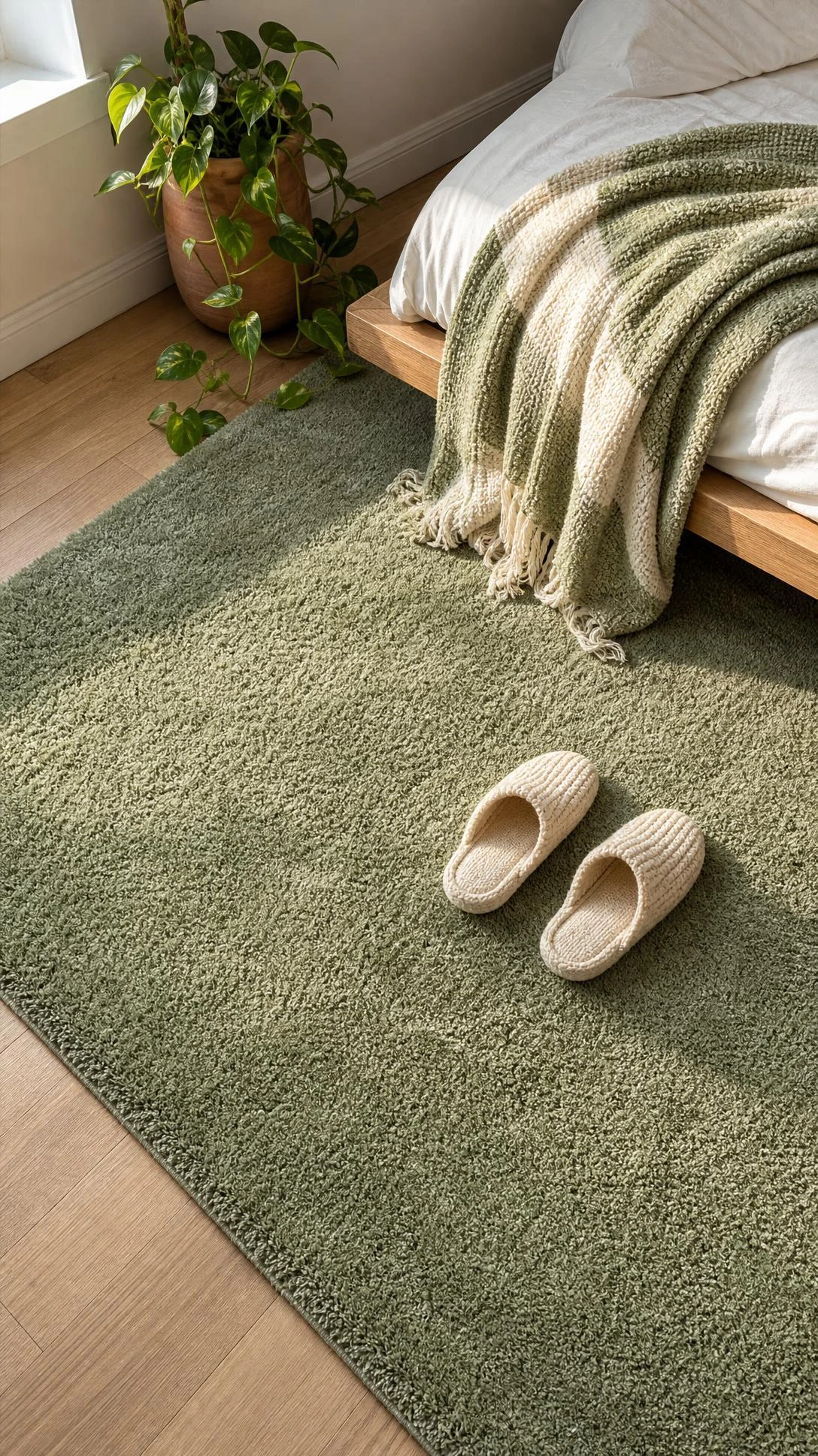 Plush sage green rug anchoring a small cozy bedroom corner, its dense short pile texture glowing in soft natural daylight — a budget-friendly green aesthetic room decor anchor