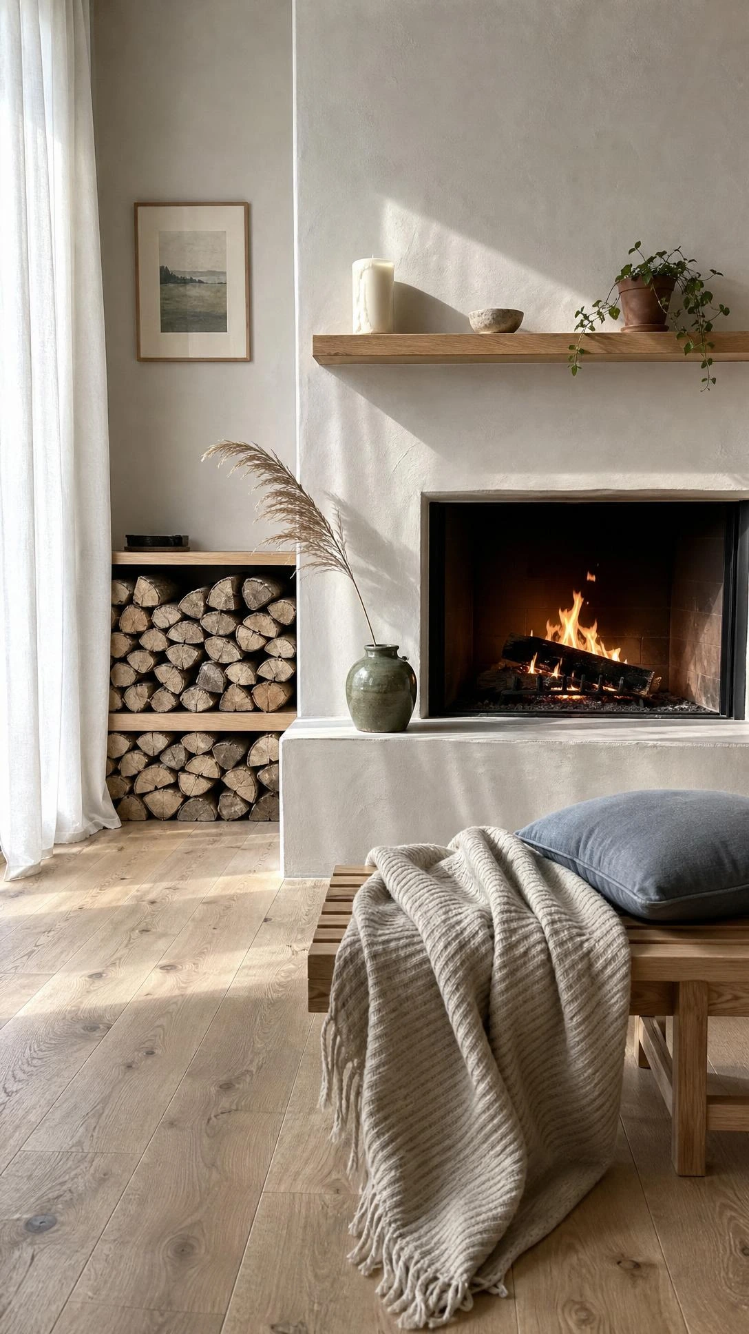 Scandinavian fireplace with clean white plaster surround and glowing amber flames, creating a warm minimalist living room focal point