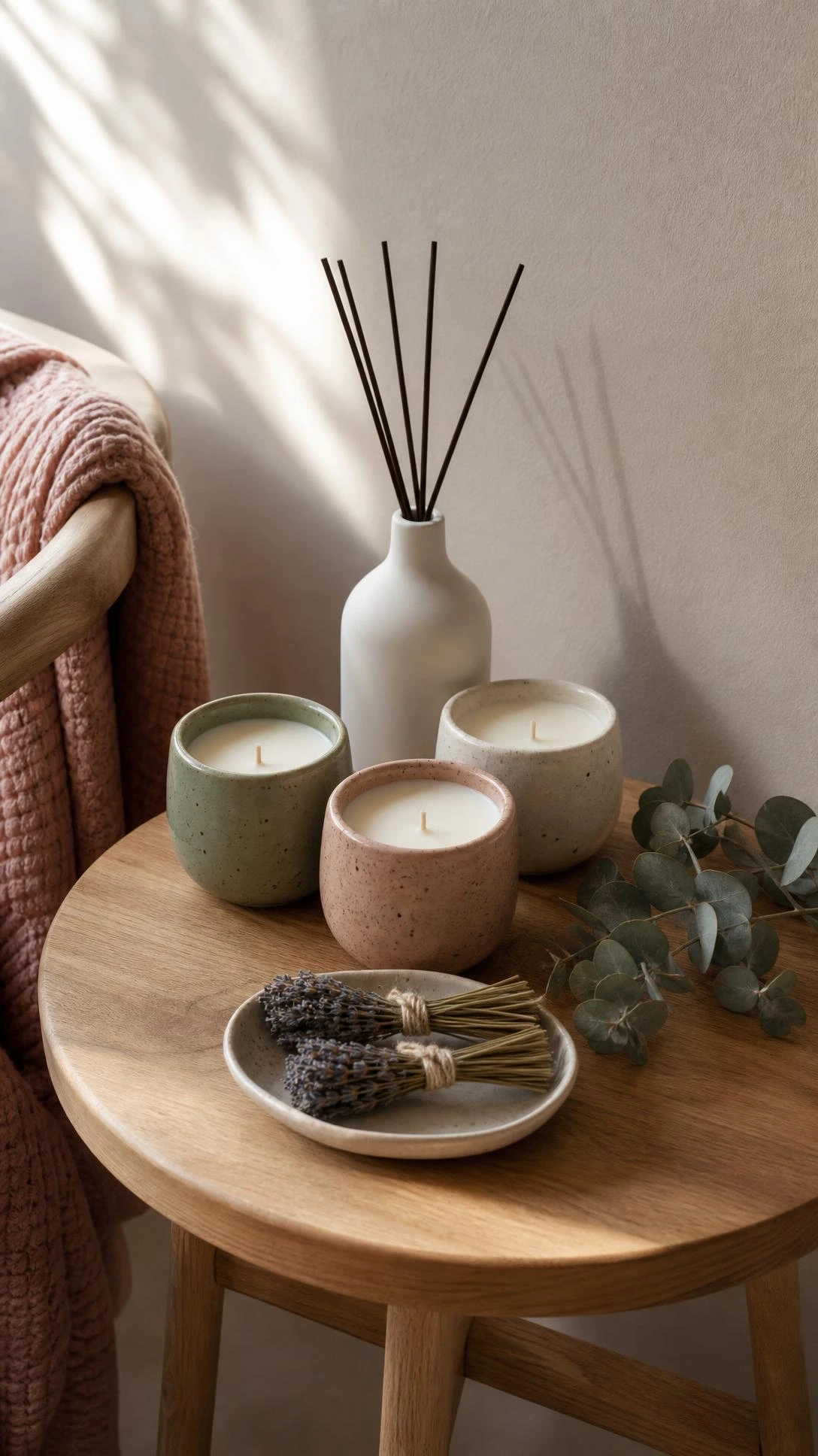 A curated scent vignette on a light oak side table featuring a matte white ceramic reed diffuser and hand-poured soy candles, styled as a deliberate room decor layer in warm natural window light