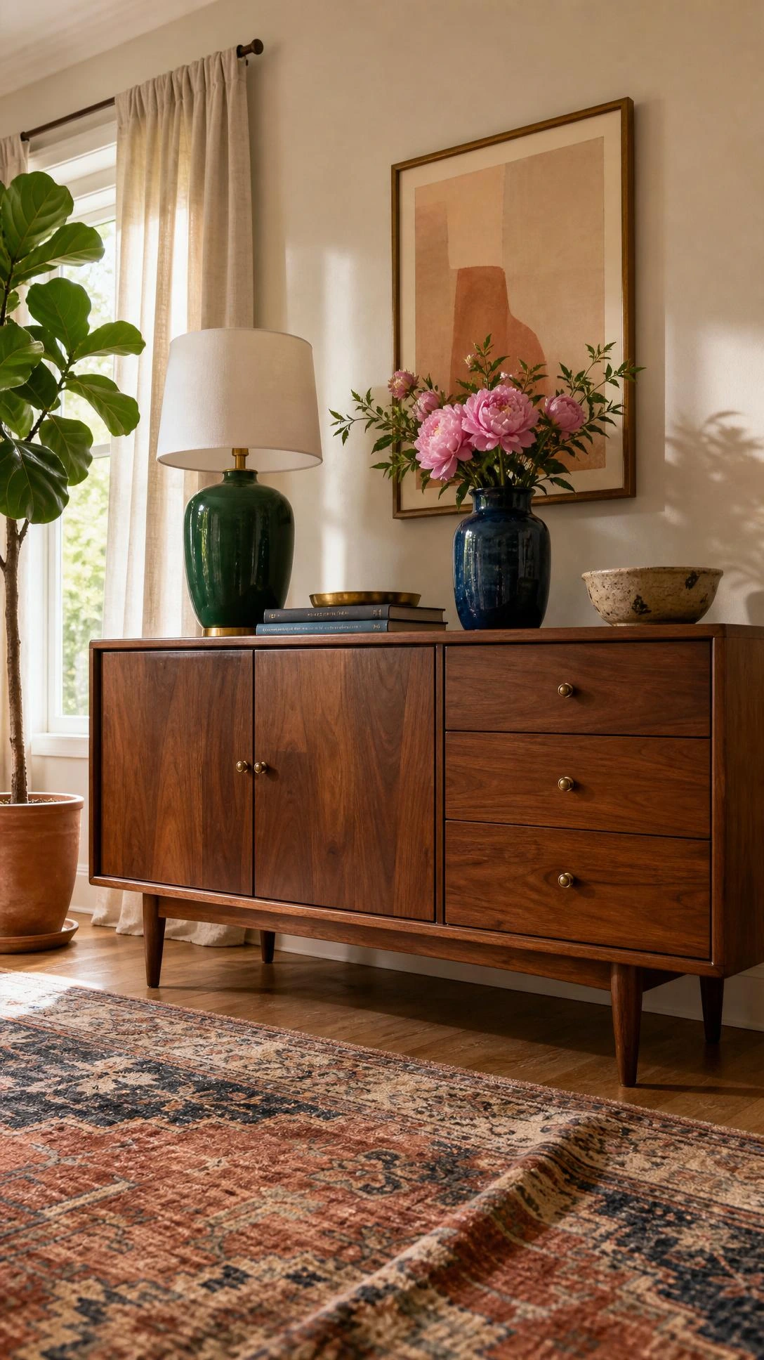 Secondhand wood furniture sideboard with walnut grain, brass knobs, tapered legs, and a satin refresh above a vintage rug