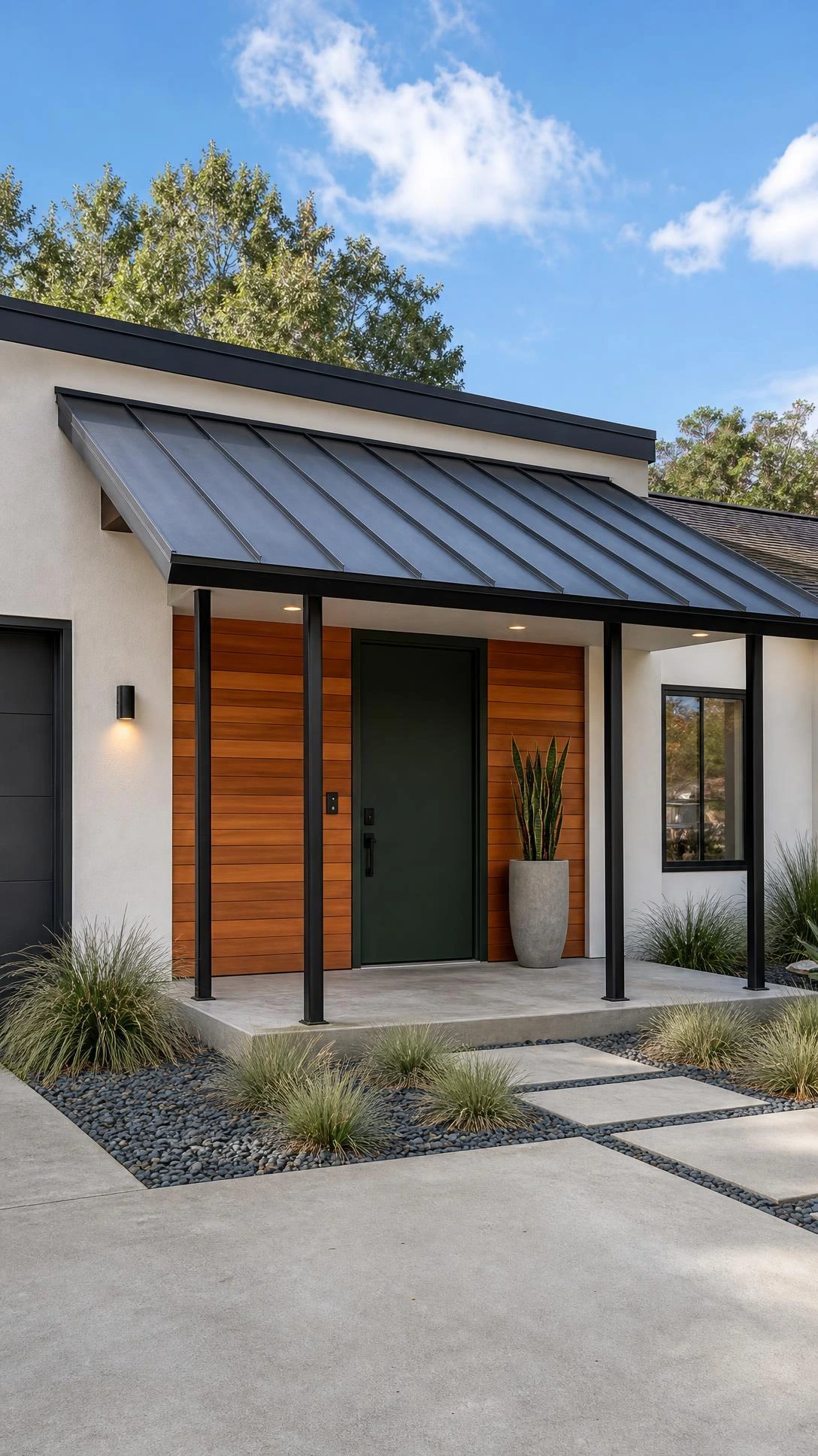 Shed roof porch extending over the front entry of a sleek contemporary home, showing how a single-slope canopy transforms modern curb appeal