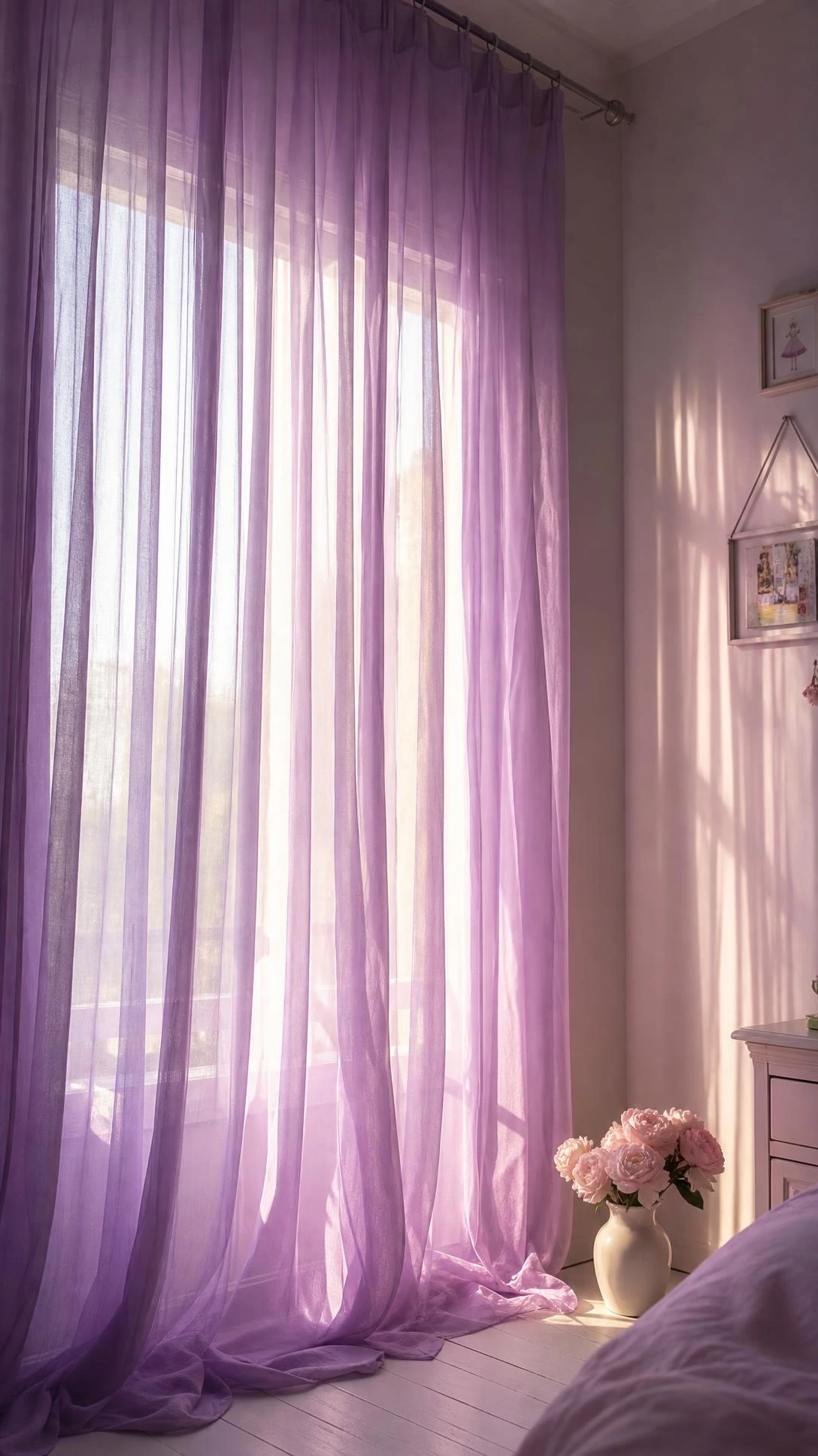Sheer purple curtains filtering soft natural daylight in a small girls bedroom, casting a gentle violet glow on the wall beside them