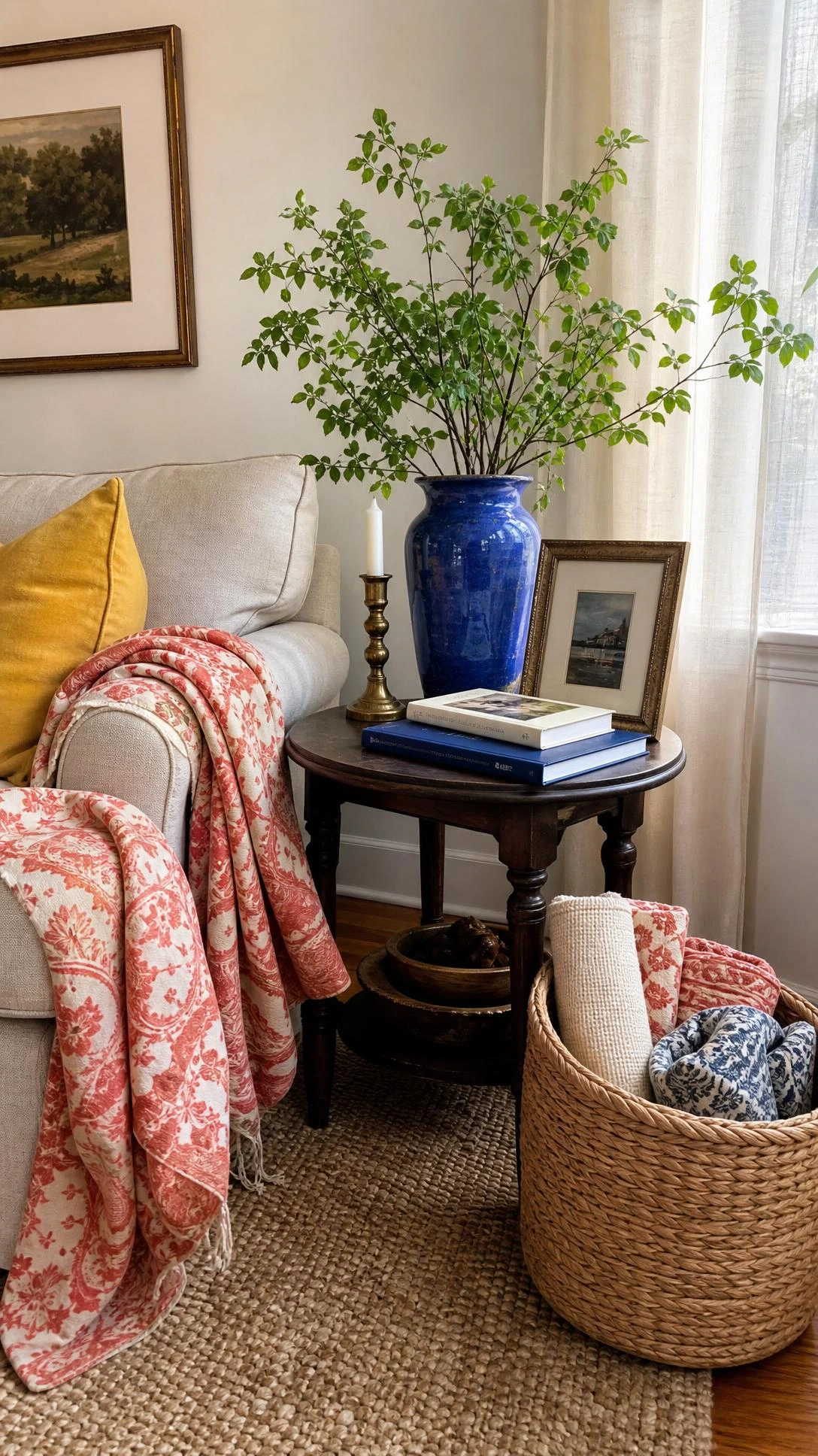 Side table vignette beside a sofa with a cobalt vase, green branches, and reused pieces for DIY home decor on a budget