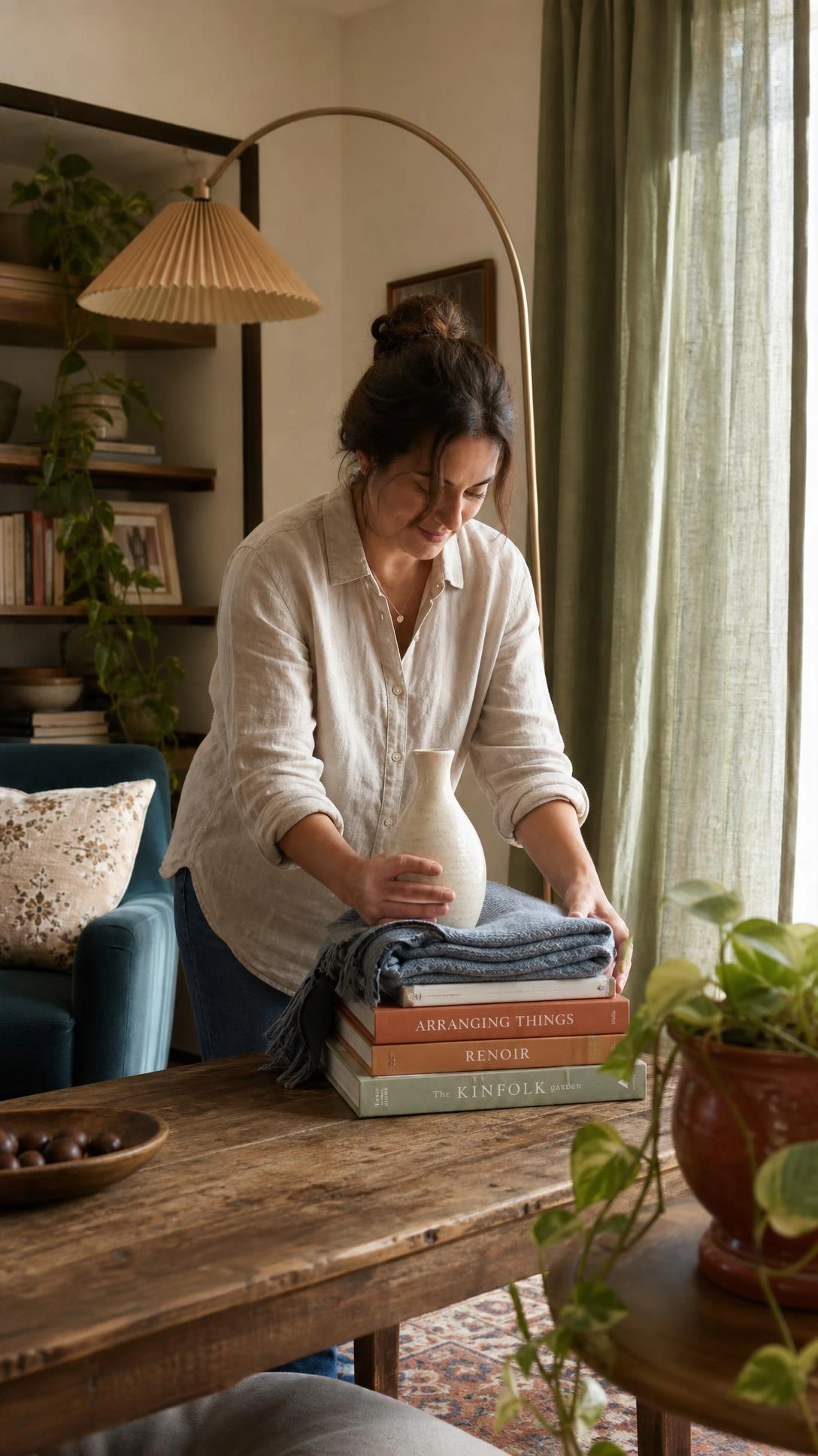 Woman in linen shirt cradling a ceramic vase, folded throw, and books gathered from other rooms to refresh her living room without buying anything new