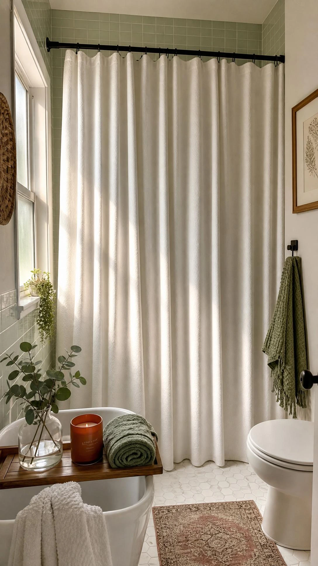 A small bathroom with a white textured shower curtain hung near the ceiling on a matte black rod, creating a floor-to-ceiling effect that makes the space feel taller