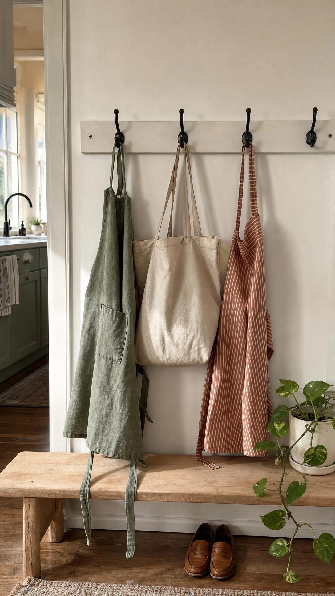 White-painted wooden hook rail with four matte black iron hooks mounted on a warm white kitchen wall, holding a dusty sage linen apron — a functional kitchen entrance detail that earns its place