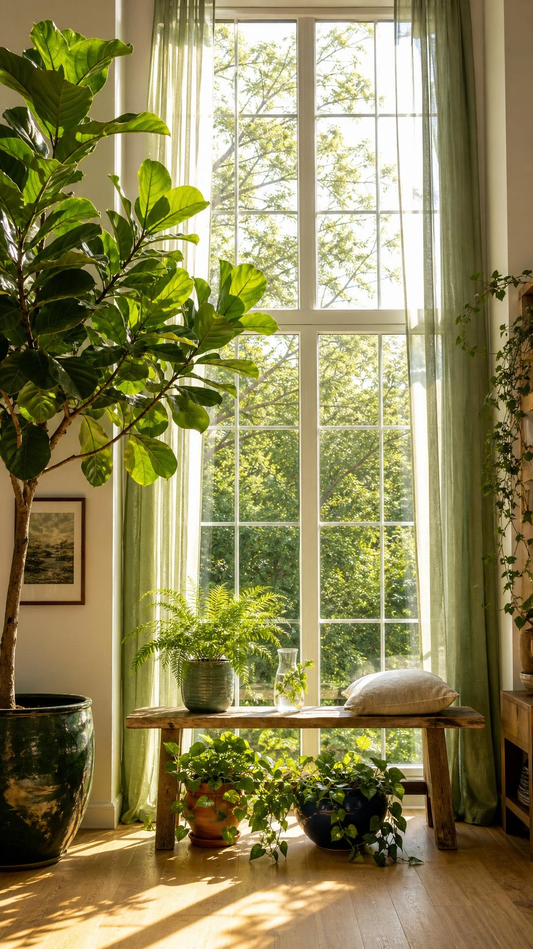 Floor-to-ceiling window flooding a bright interior room with dramatic natural daylight, ideal for a natural light indoor garden setup