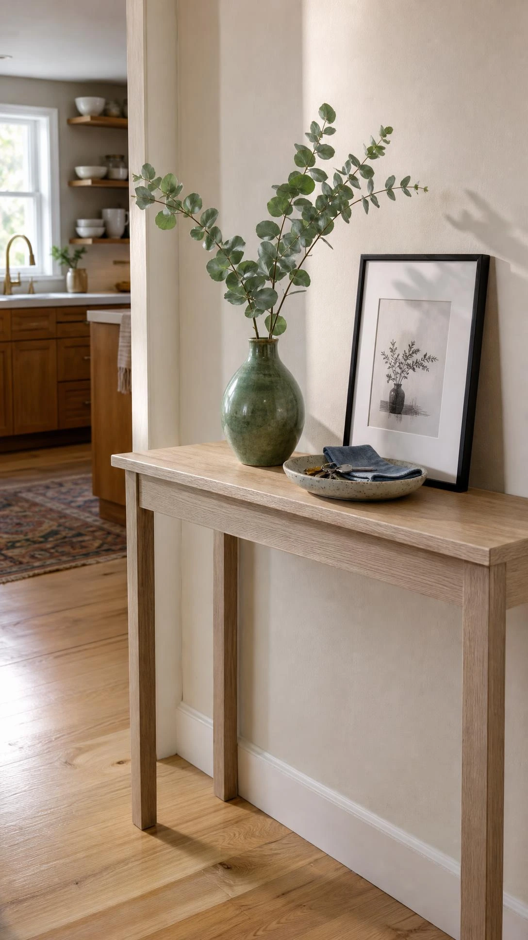 Slim whitewashed oak console table against a kitchen entryway wall, styled with a sage green ceramic vase and fresh eucalyptus stems in warm natural light