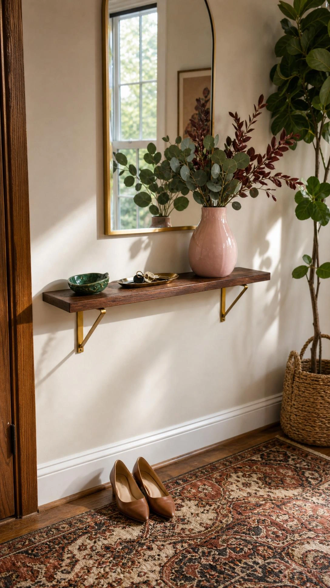 Slim entryway shelf with dark walnut, brass brackets, runner rug, and leather shoes adds luxe storage in a tiny entry.