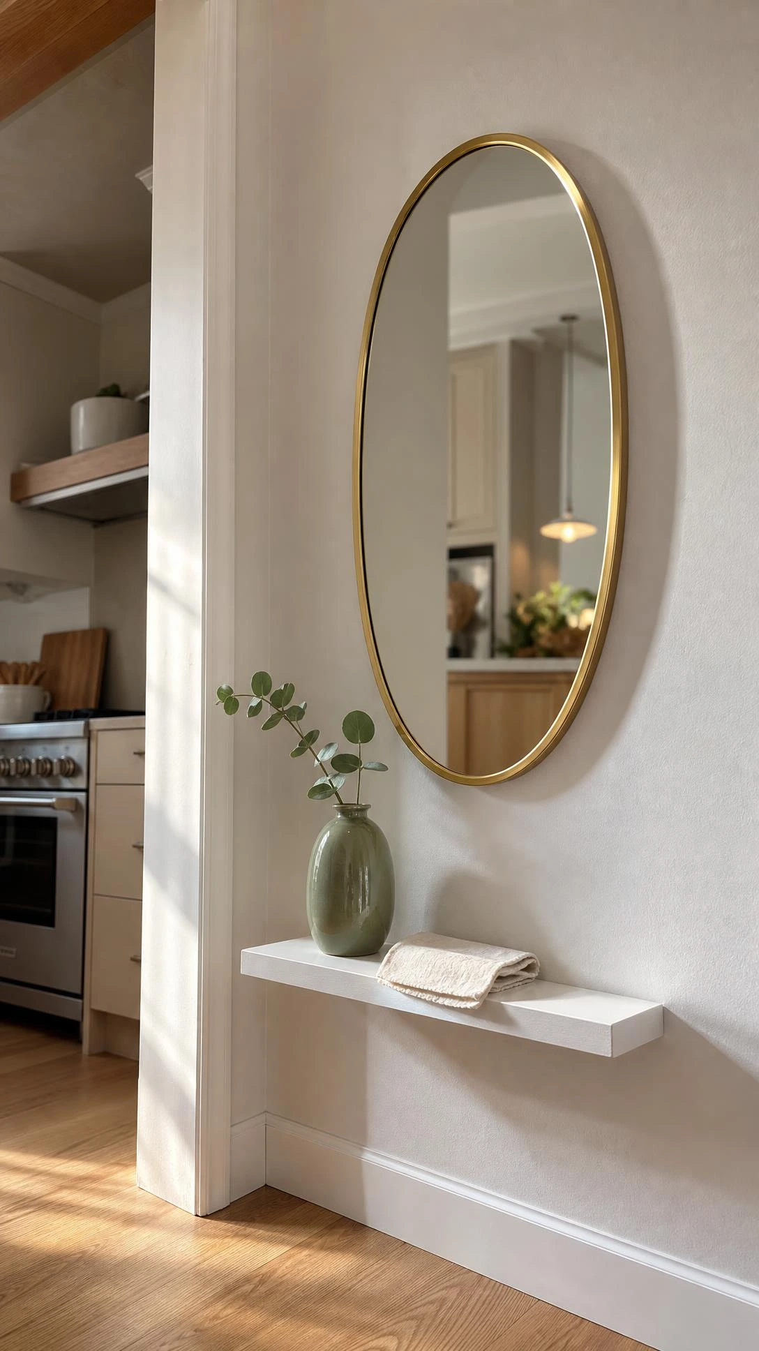 Small oval mirror with brushed gold frame mounted on white wall at kitchen entrance, reflecting warm cabinetry light — an effortless focal point