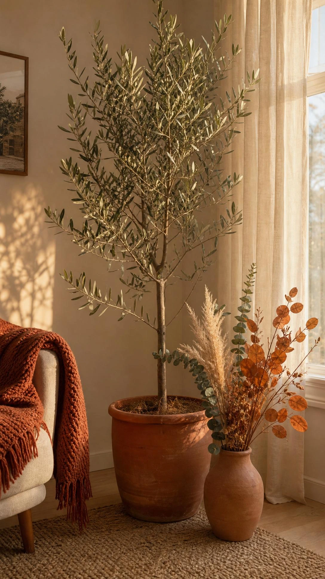 Tall slender olive tree in a terracotta pot catches warm autumn light in a living room corner styled with a jute rug and linen curtains