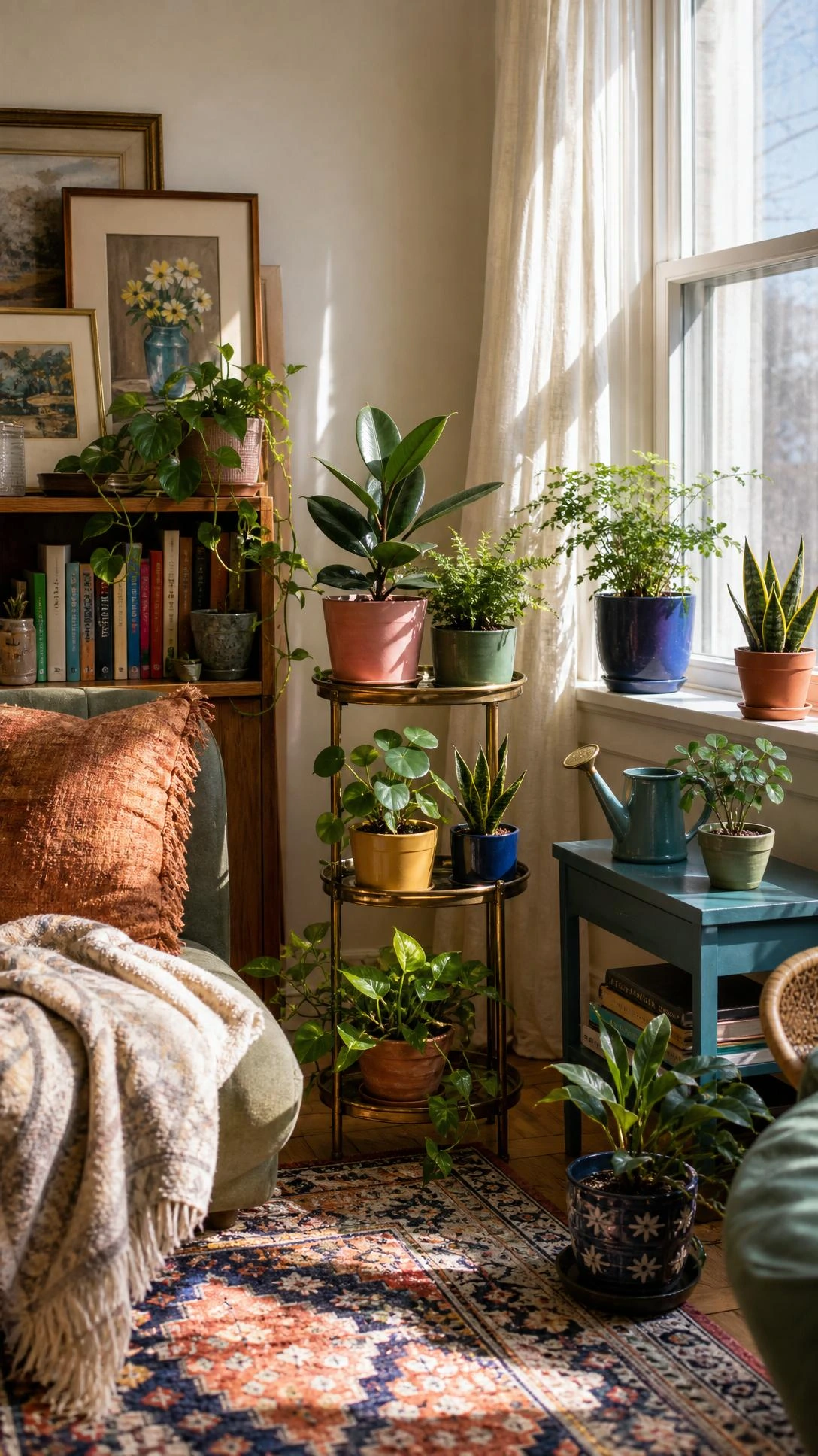 Small real plants—pothos, pilea, fern, rubber plant, and snake plant—cluster on a brass stand, teal table, and sunny sill.