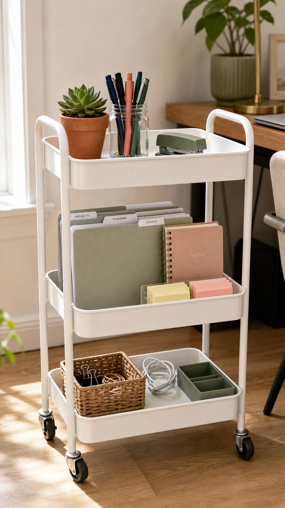 White three-tier metal utility cart styled as a mobile home office supply station, holding succulents, pen jars, and organized stationery beside a modern desk