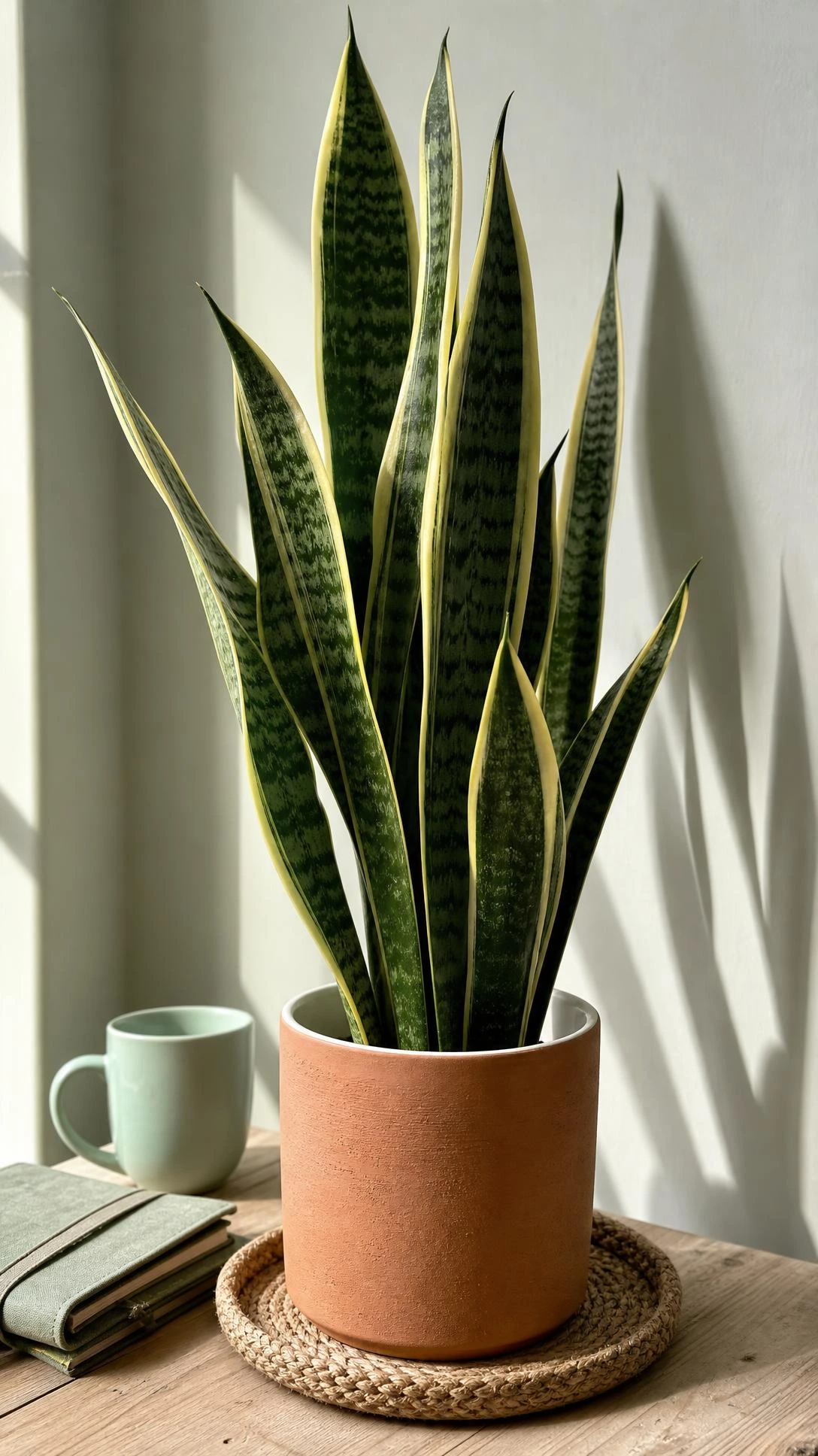 A healthy snake plant with bold variegated leaves rising from a simple terracotta pot on a light wood surface — an affordable green aesthetic room staple