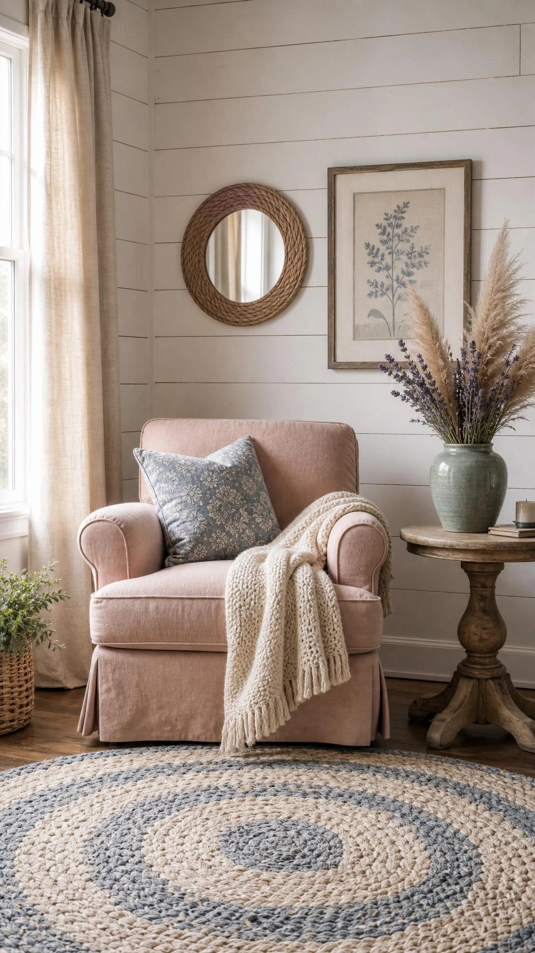 Farmhouse living room corner featuring a blush linen armchair with chunky cream knit throw, styled in dusty sage, faded blue-gray, and antique white muted accent colors