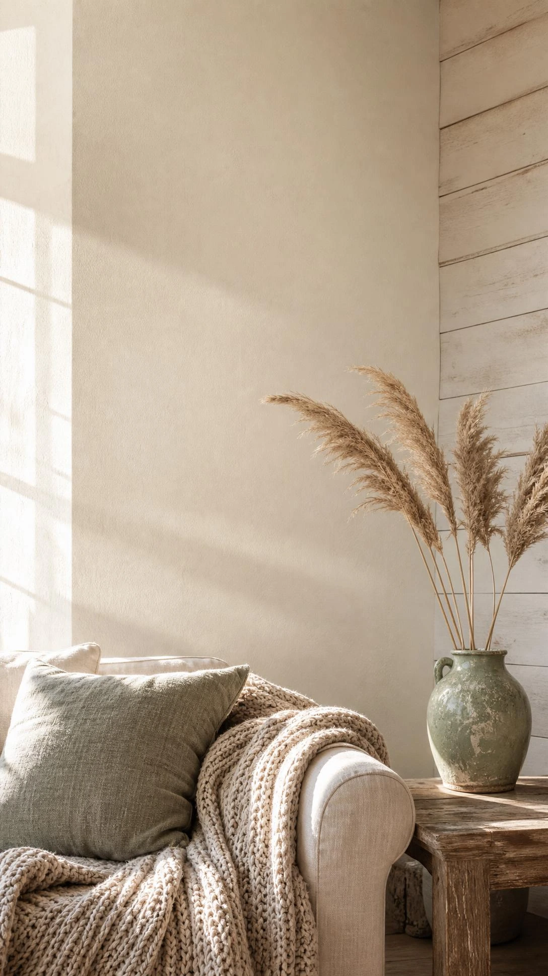 Warm creamy white farmhouse living room wall with greige undertone bathed in soft natural daylight, showing the ideal neutral wall color for a cozy timeless space